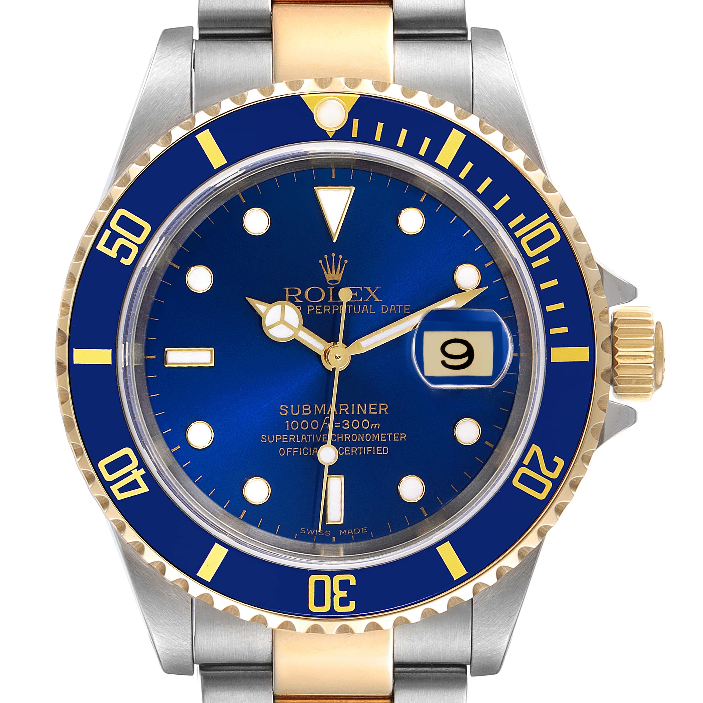 The image shows a front view of the Rolex Submariner 16613 Men's Steel and Gold (two tone) Blue Dial 16613 Men's Steel and Gold (two tone) Blue Dial, displaying its blue dial, date window, bezel, and partial bracelet.