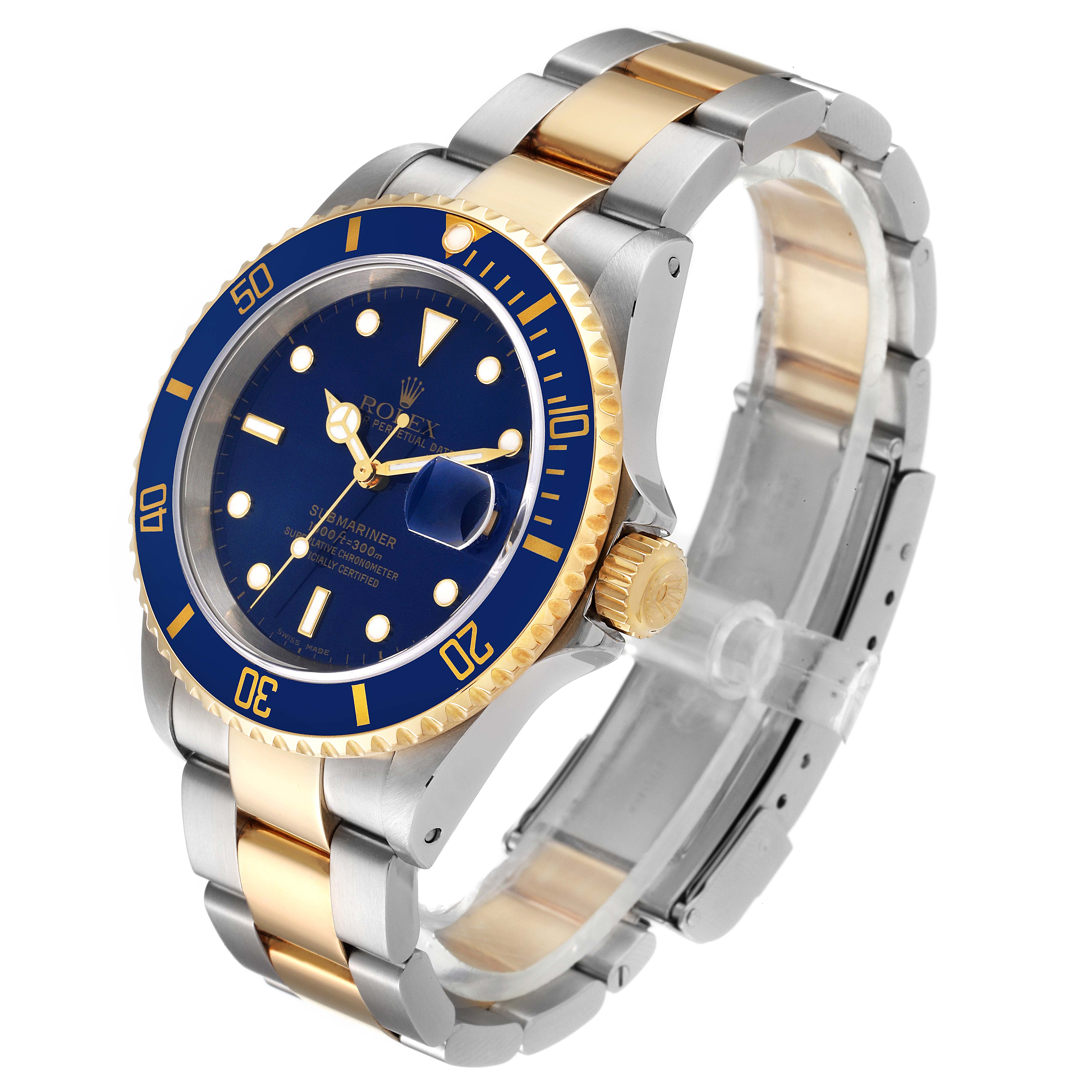 The Rolex Submariner 16613 Men's Steel and Gold (two tone) Blue Dial 16613 Men's Steel and Gold (two tone) Blue Dial watch is shown at a slight angle, highlighting its blue dial, gold bezel, and two-tone bracelet.