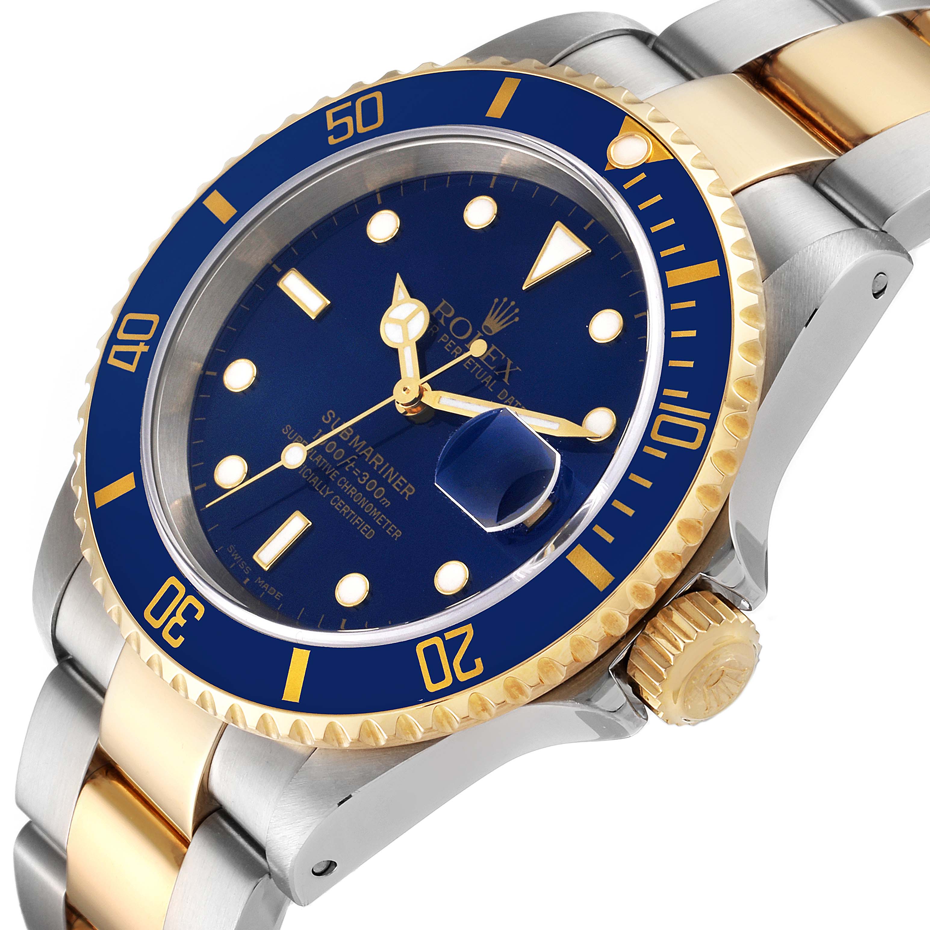 The image shows a close-up of a Rolex Submariner 16613 Men's Steel and Gold (two tone) Blue Dial 16613 Men's Steel and Gold (two tone) Blue Dial watch from an angle highlighting the dial, bezel, case, and bracelet.