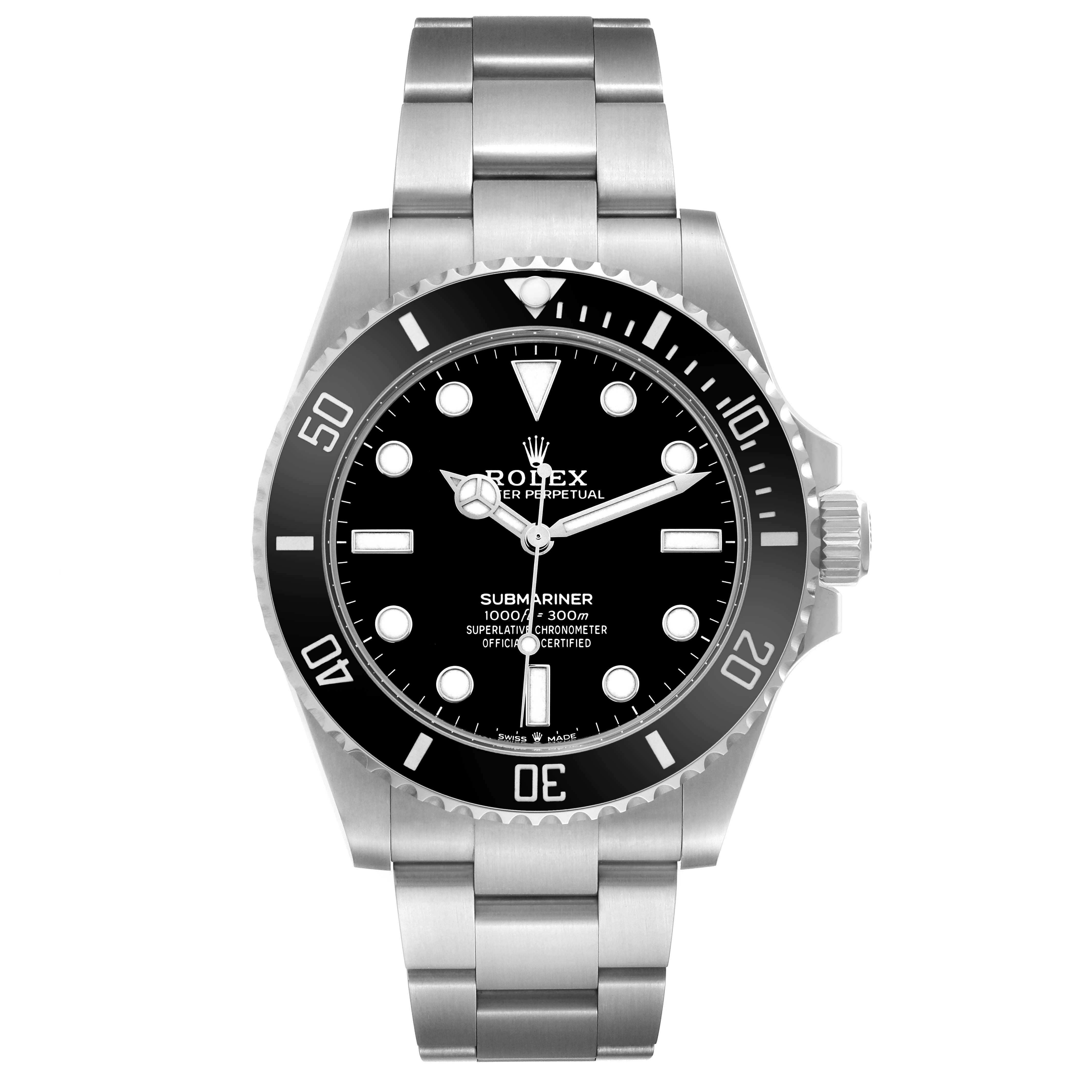 The Rolex Submariner 124060 Men's Stainless Steel Black Dial is shown from the front, featuring the bezel, dial, hands, bracelet, and crown.
