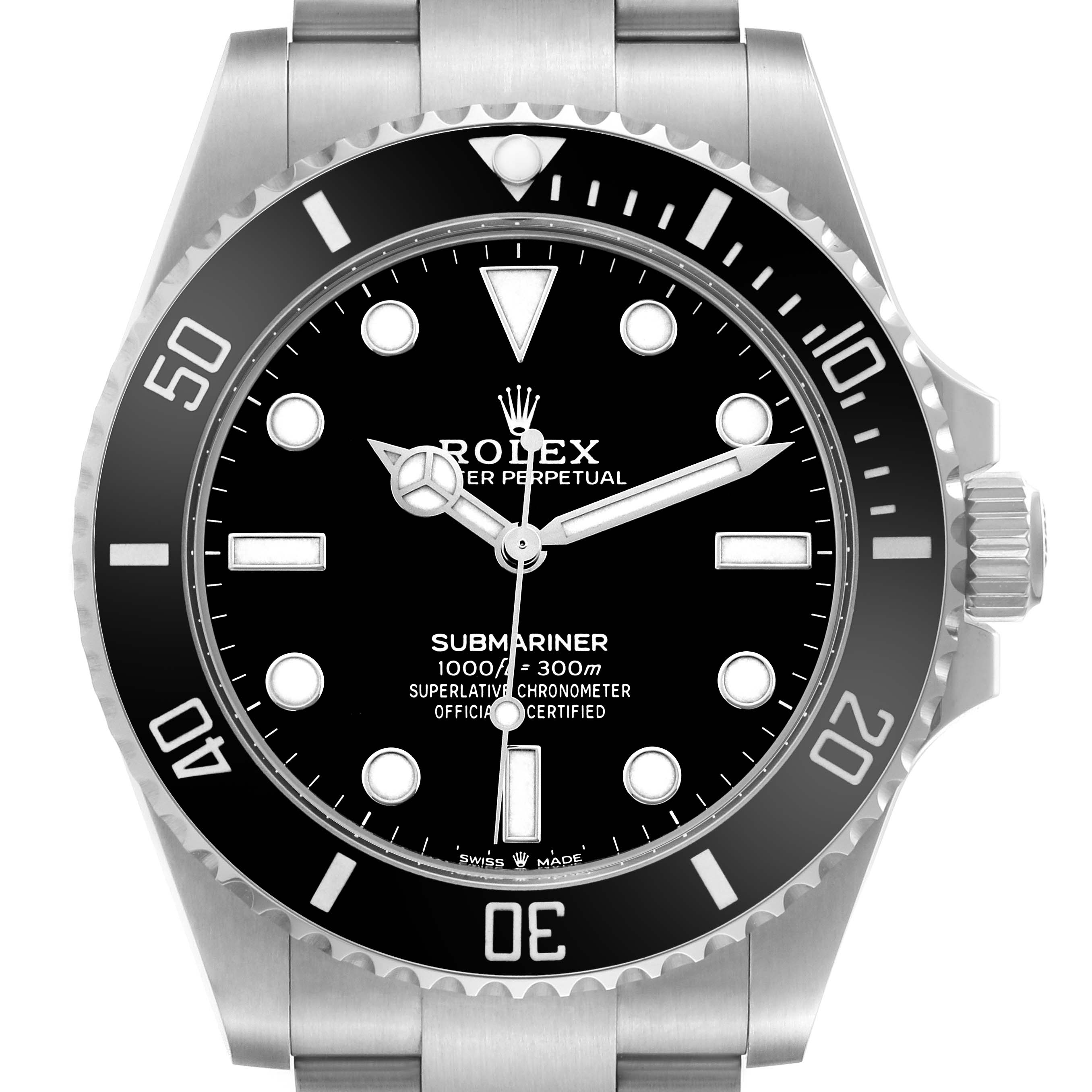 The Rolex Submariner 124060 Men's Stainless Steel Black Dial is shown from a top-down angle, highlighting the dial, bezel, crown, and part of the bracelet.