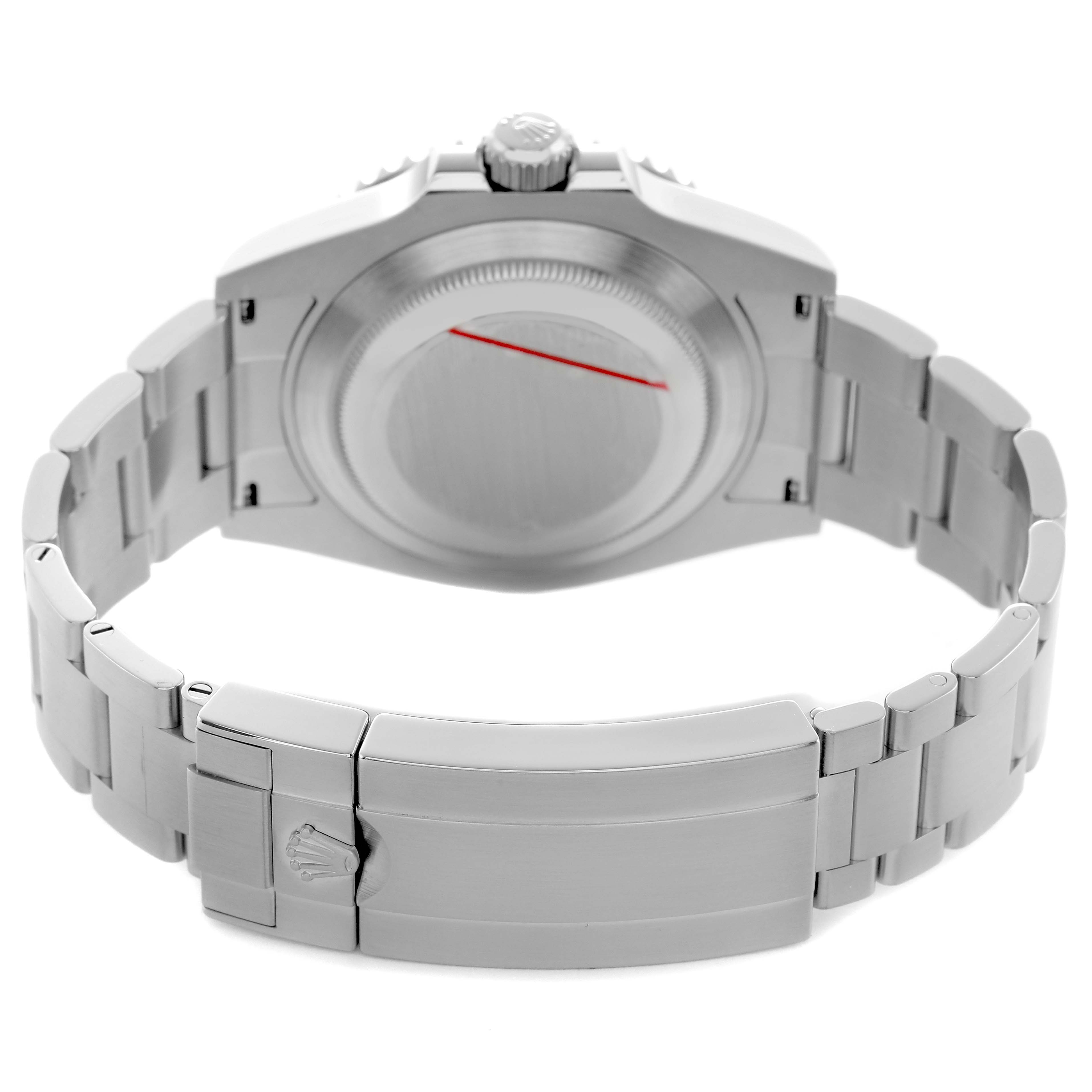 The image shows the back case, crown, and bracelet clasp of the Rolex Submariner 124060 Men's Stainless Steel Black Dial model from a rear angle.