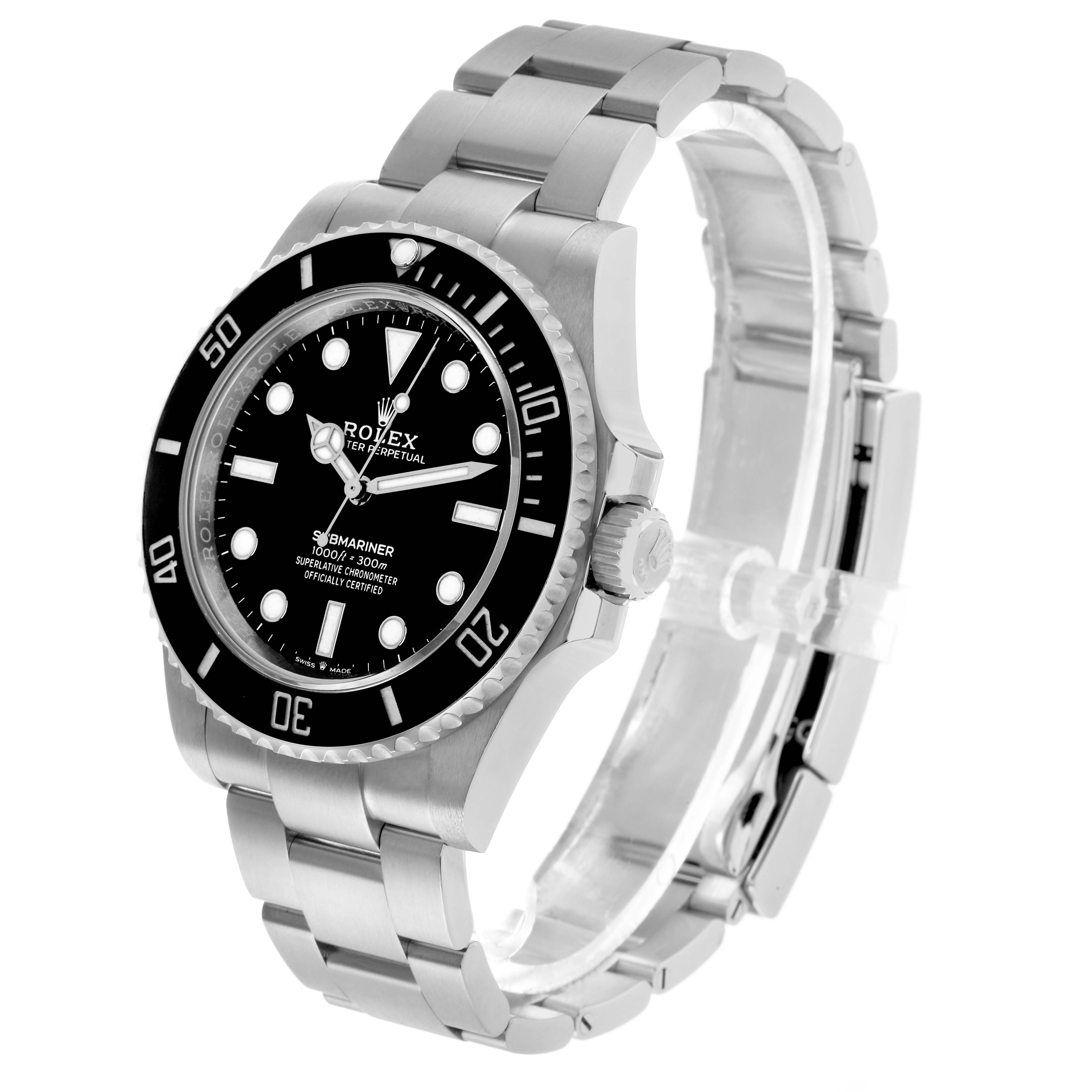 The Rolex Submariner 124060 Men's Stainless Steel Black Dial watch is shown at a slight angle, displaying the bezel, dial, crown, and part of the bracelet.