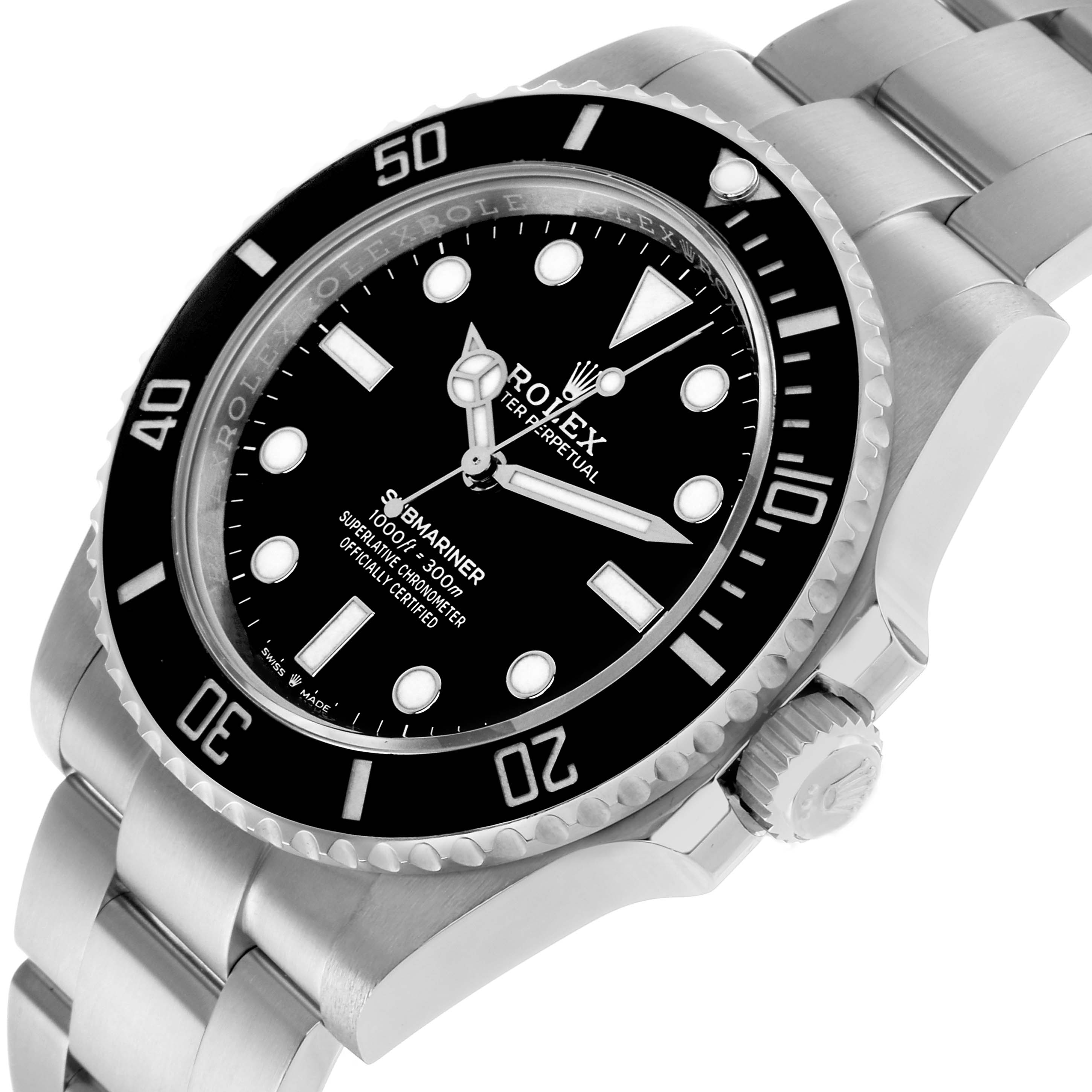 The Rolex Submariner 124060 Men's Stainless Steel Black Dial is shown at a tilted angle, highlighting the bezel, dial, and bracelet links.