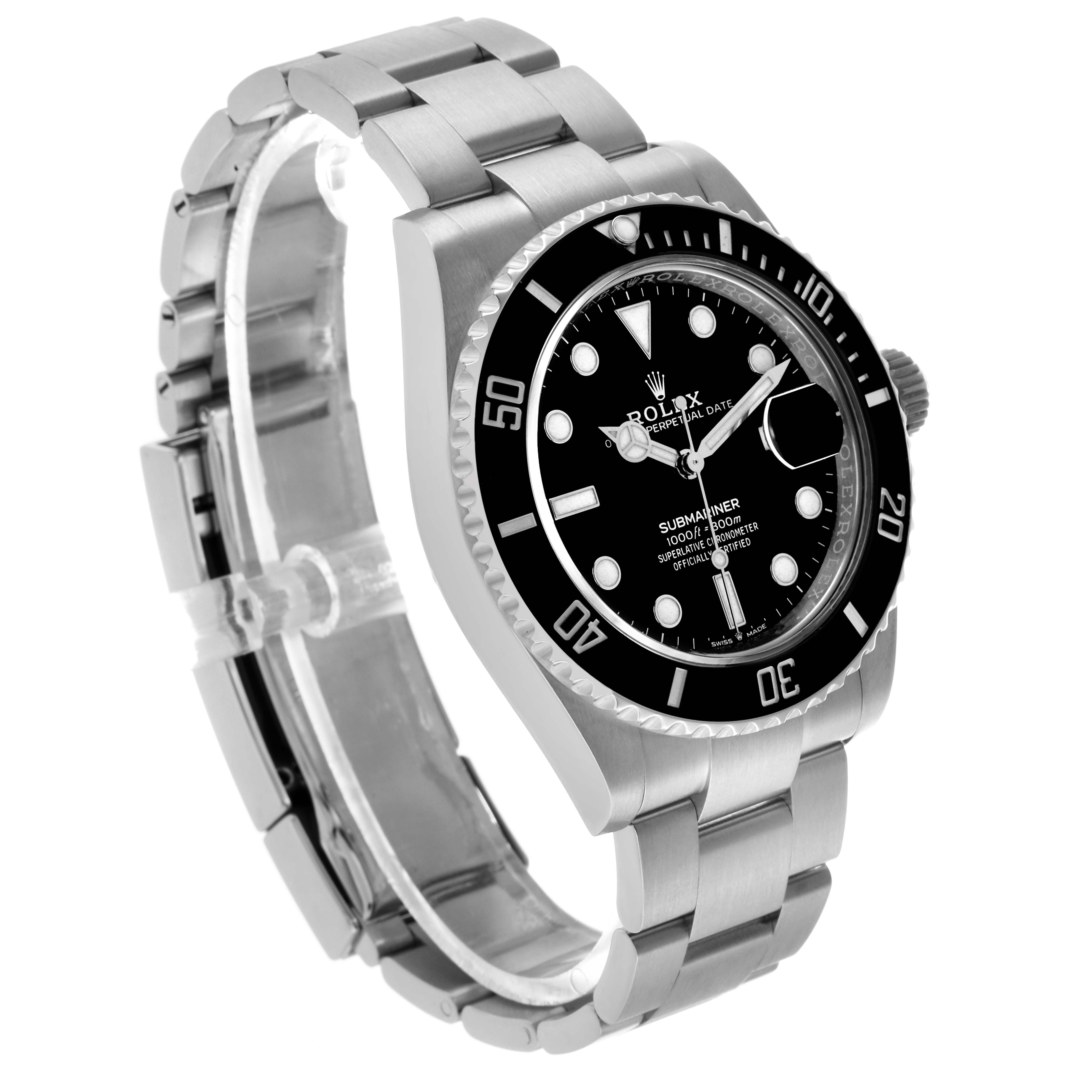 The Rolex Submariner 126610LN Men's Stainless Steel Black Dial watch is shown from a three-quarter angle, highlighting its face, bezel, crown, and bracelet.