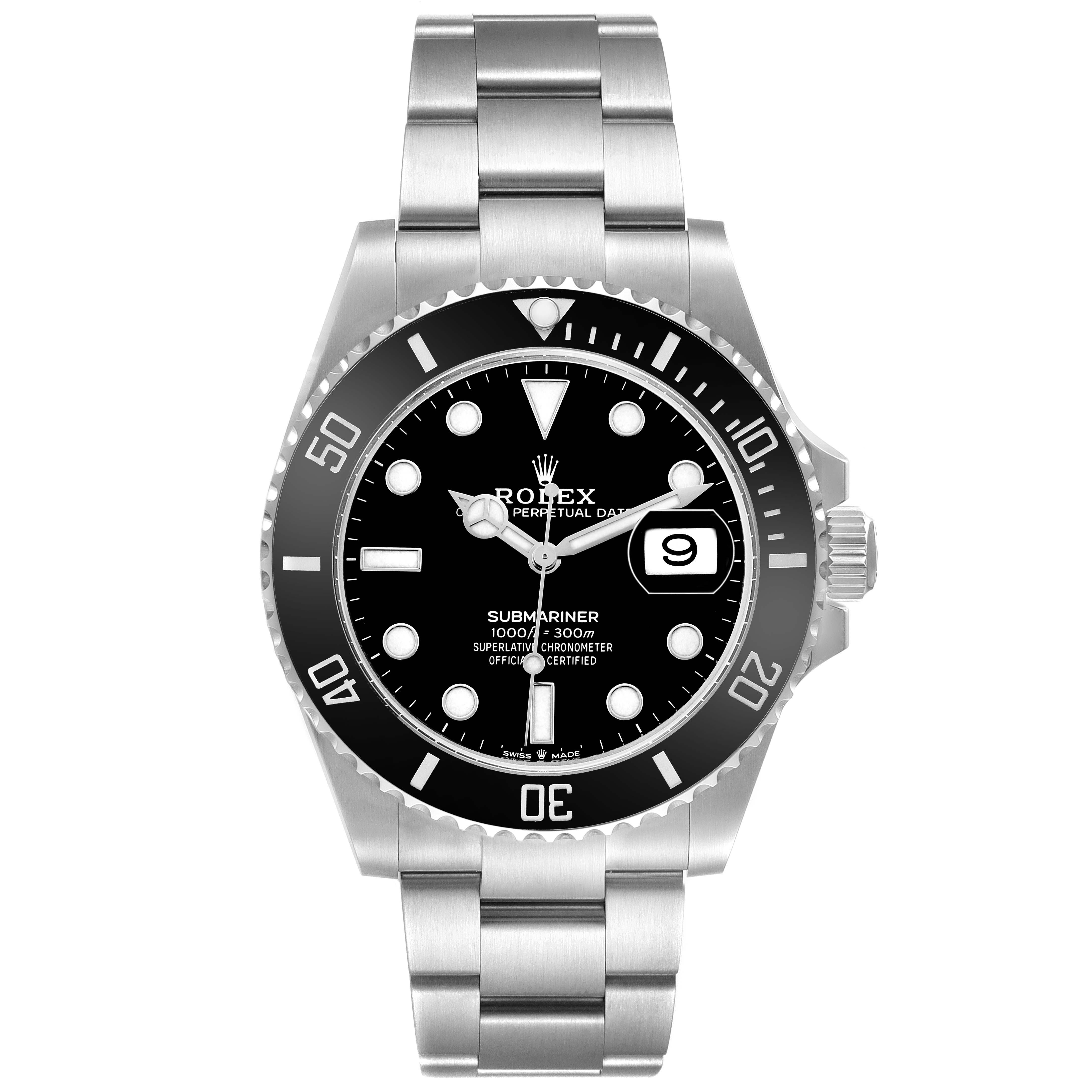 The Rolex Submariner 126610LN Men's Stainless Steel Black Dial watch is shown from the front, displaying the dial, bezel, bracelet, and crown.