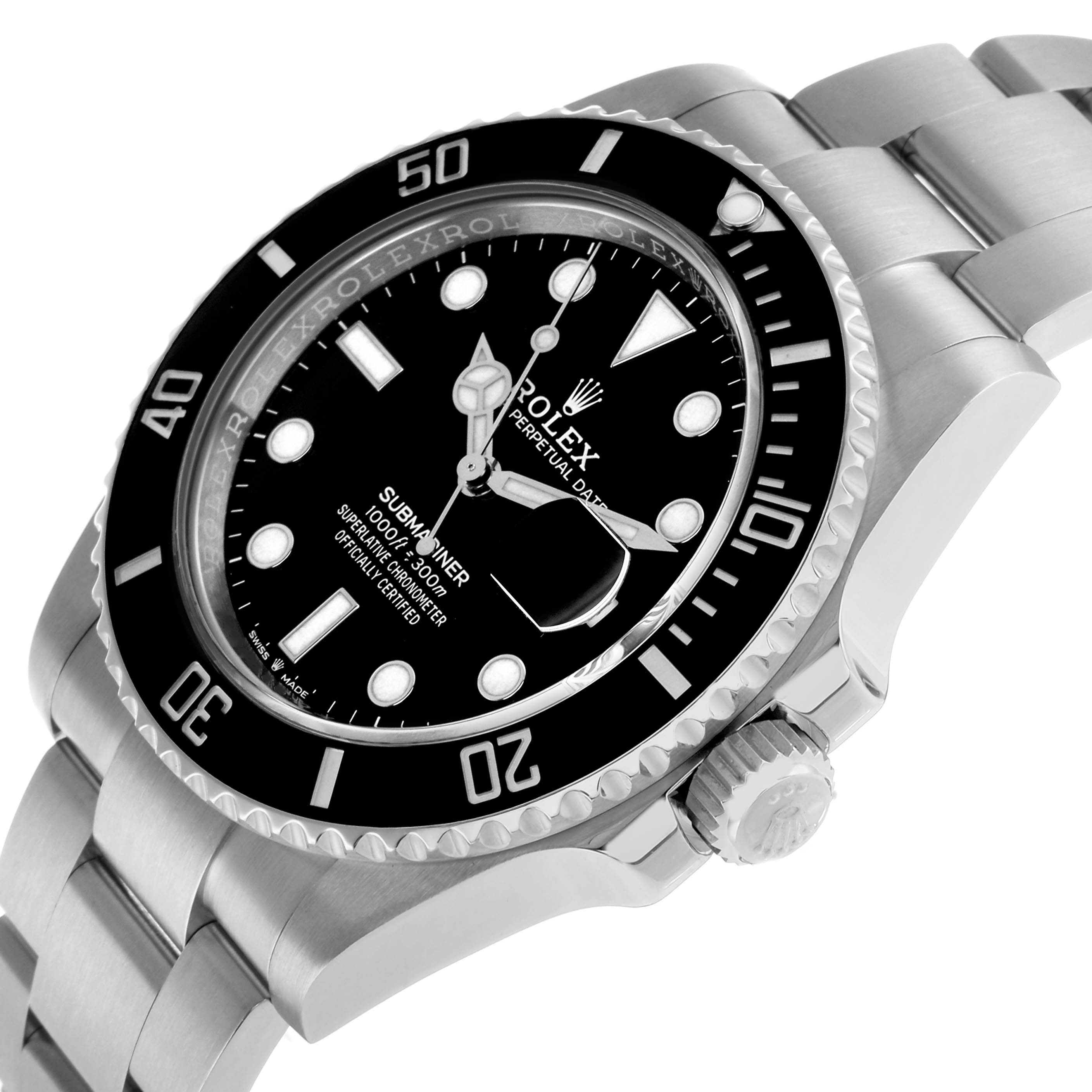 The Rolex Submariner 126610LN Men's Stainless Steel Black Dial is shown at a slight angle highlighting the bezel, dial, crown, and part of the bracelet.