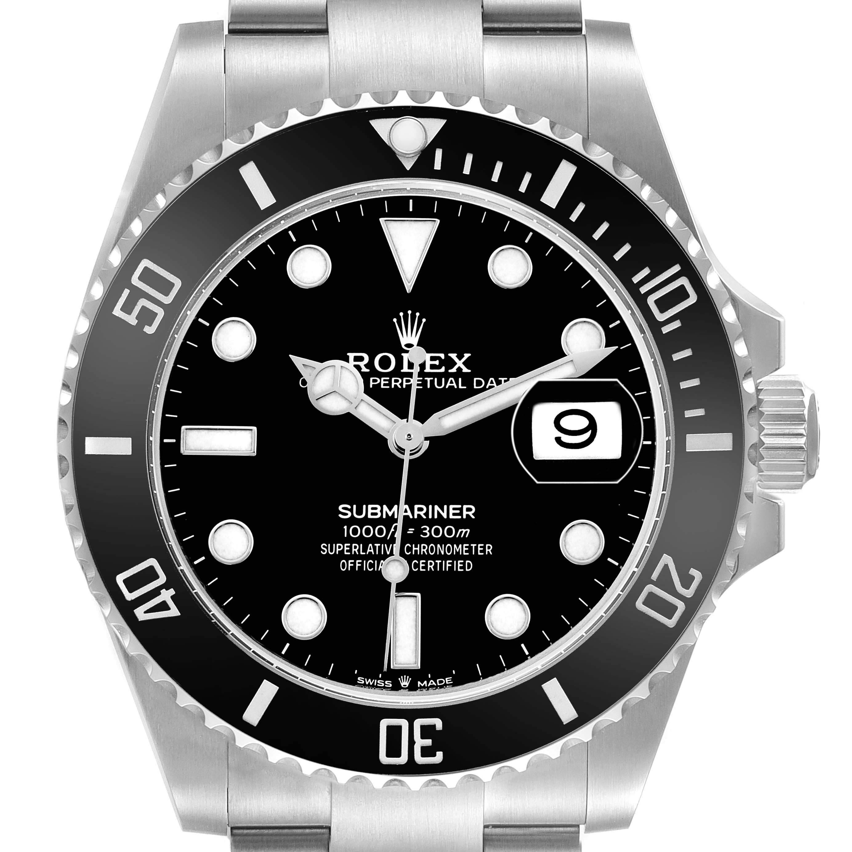 The Rolex Submariner 126610LN Men's Stainless Steel Black Dial watch is shown from a front angle, displaying the dial, bezel, hands, and bracelet.