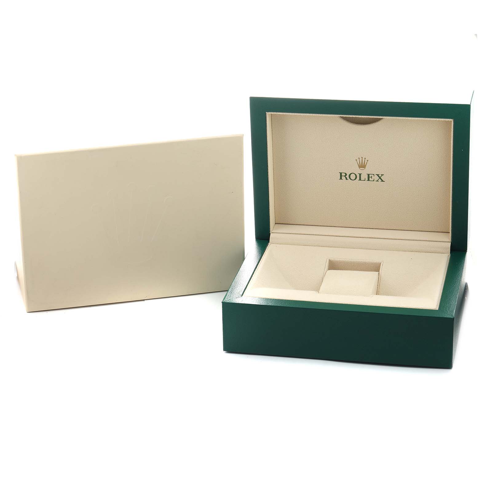 The image shows an open Rolex Submariner 126610LN Men's Stainless Steel Black Dial watch box at an angle, revealing the inner cushioned compartment.