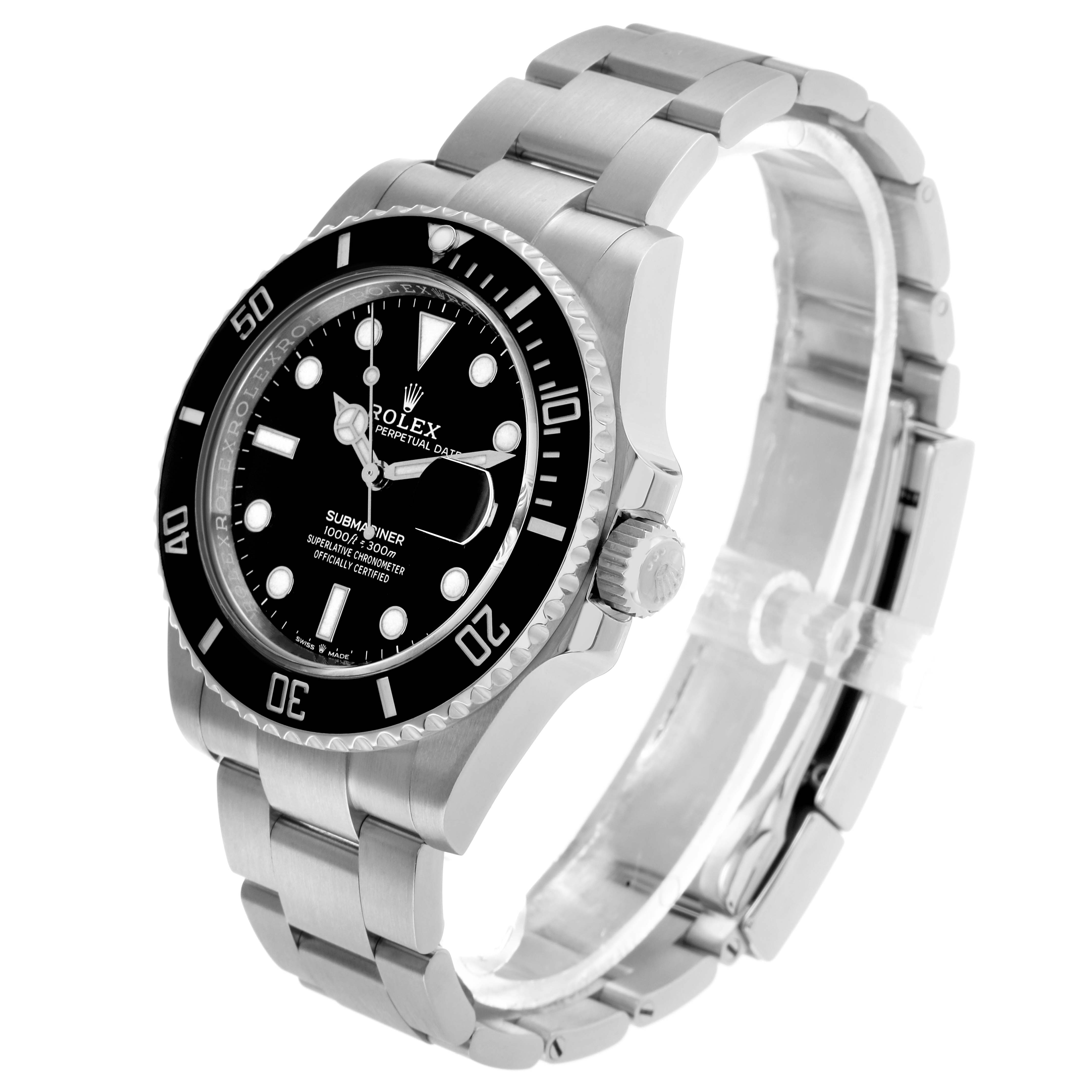 The Rolex Submariner 126610LN Men's Stainless Steel Black Dial is shown at a three-quarter angle, highlighting the face, bezel, crown, and bracelet.