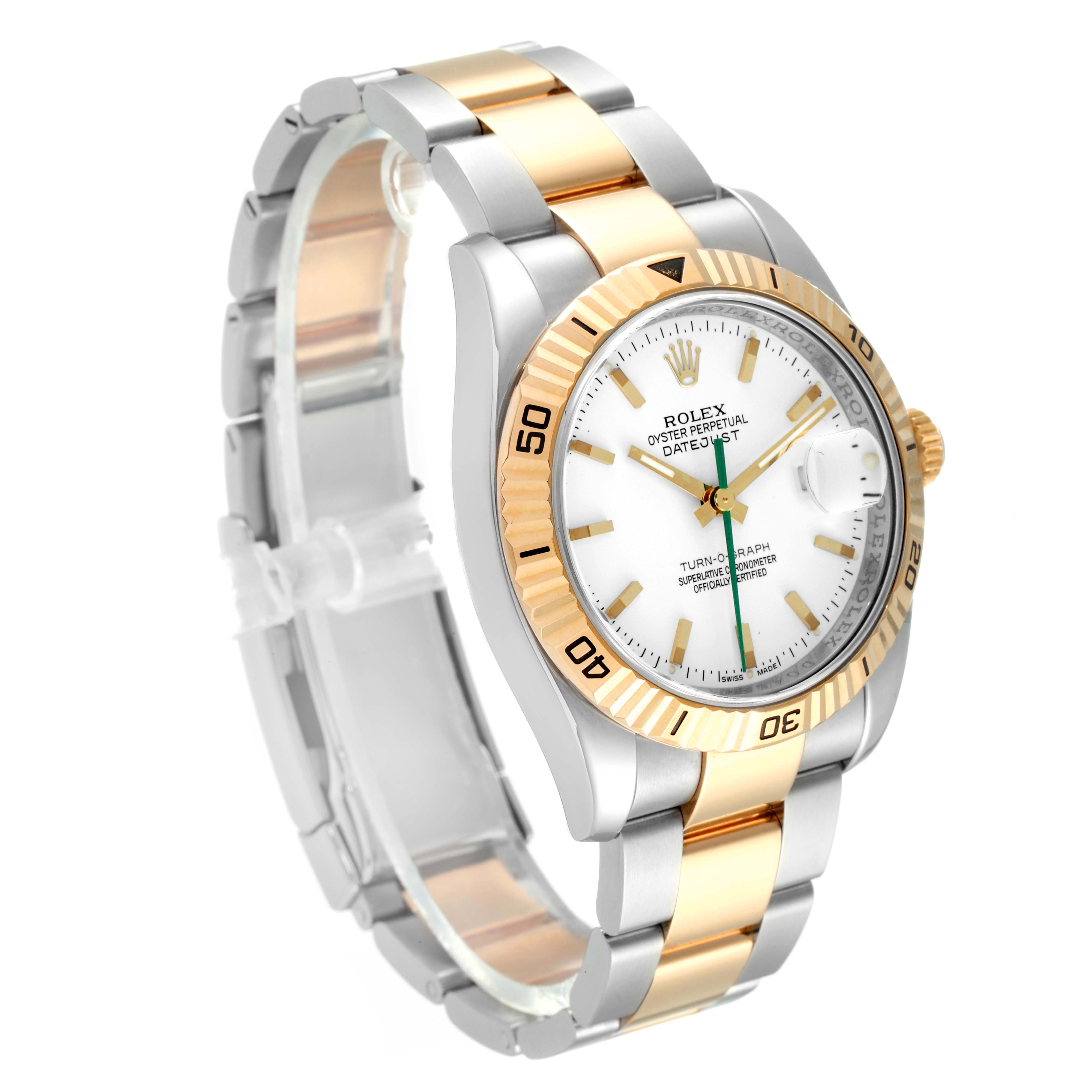 The Rolex Turn-o-Graph 116263 Men
s Steel and Gold (two tone) White Dial 116263 Men
s Steel and Gold (two tone) White Dial watch is shown at a slight angle, displaying the face, bezel, and metal bracelet.