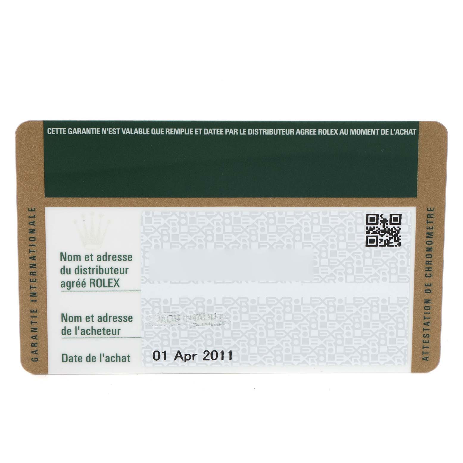 This is a top-down view of the warranty card for the Rolex Turn-o-Graph 116263 Men
s Steel and Gold (two tone) White Dial 116263 Men
s Steel and Gold (two tone) White Dial model showing the purchase information and Rolex branding.