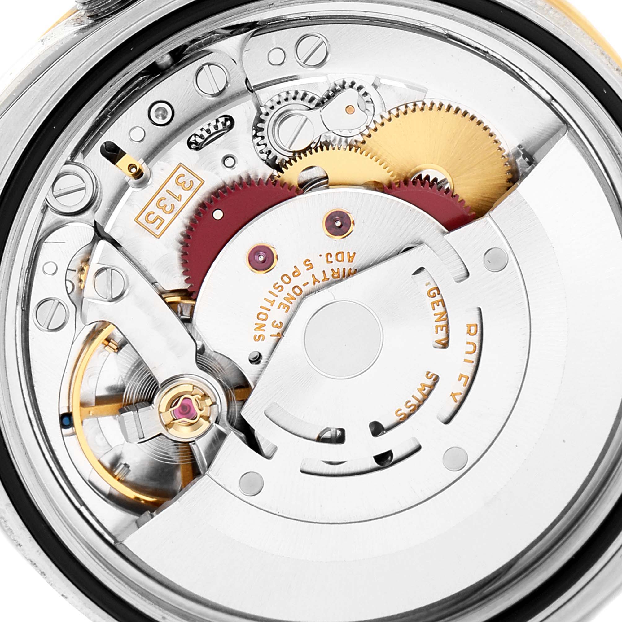 The image shows the movement mechanism, including gears and the rotor, of the Rolex Turn-o-Graph 116263 Men
s Steel and Gold (two tone) White Dial 116263 Men
s Steel and Gold (two tone) White Dial watch from a close-up rear angle.