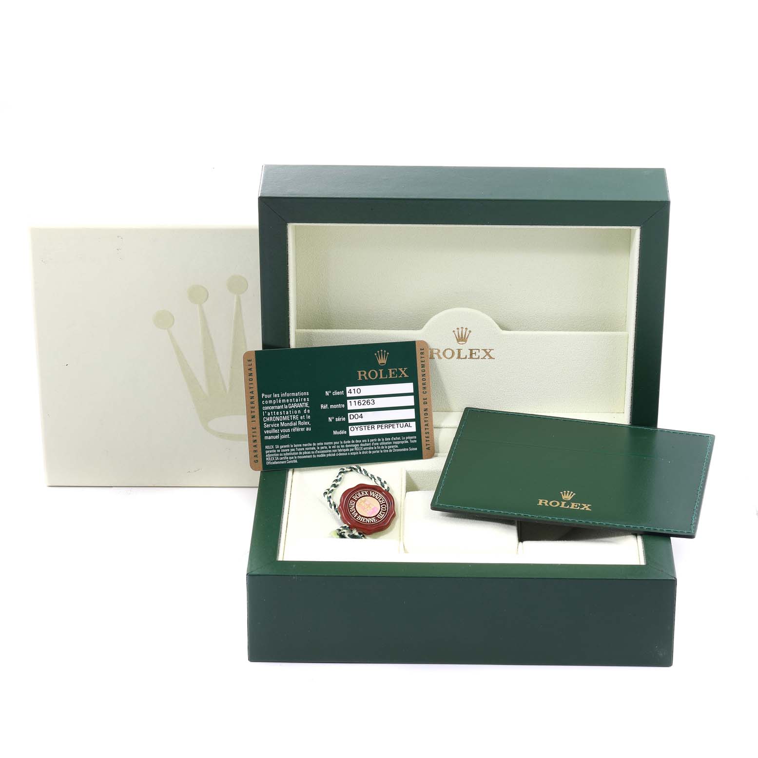 The image shows a Rolex Turn-o-Graph 116263 Men
s Steel and Gold (two tone) White Dial 116263 Men
s Steel and Gold (two tone) White Dial watch in its open green box with warranty card and accessories.