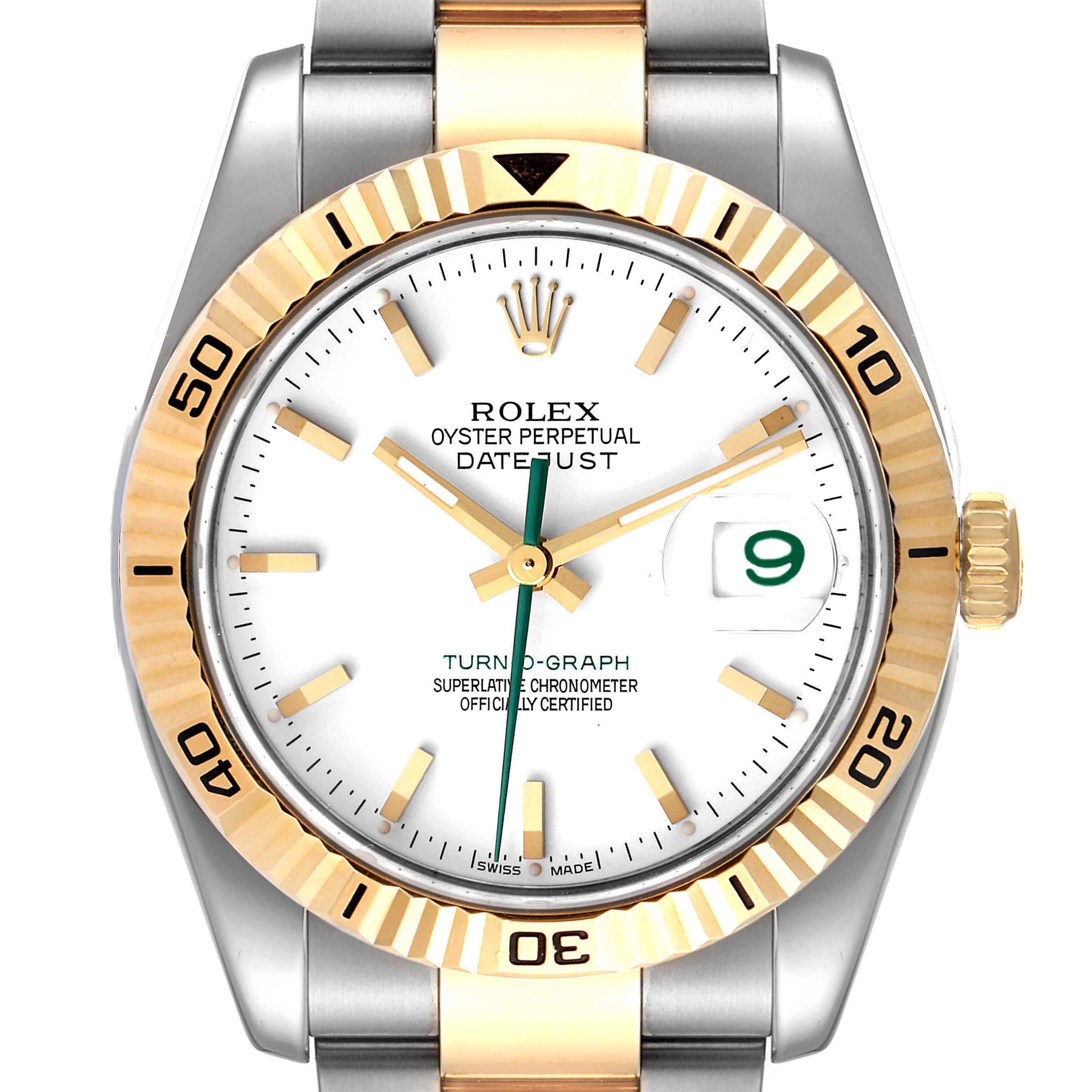 This image shows a front view of the Rolex Turn-o-Graph 116263 Men
s Steel and Gold (two tone) White Dial 116263 Men
s Steel and Gold (two tone) White Dial watch, displaying its dial, bezel, crown, and part of the bracelet.