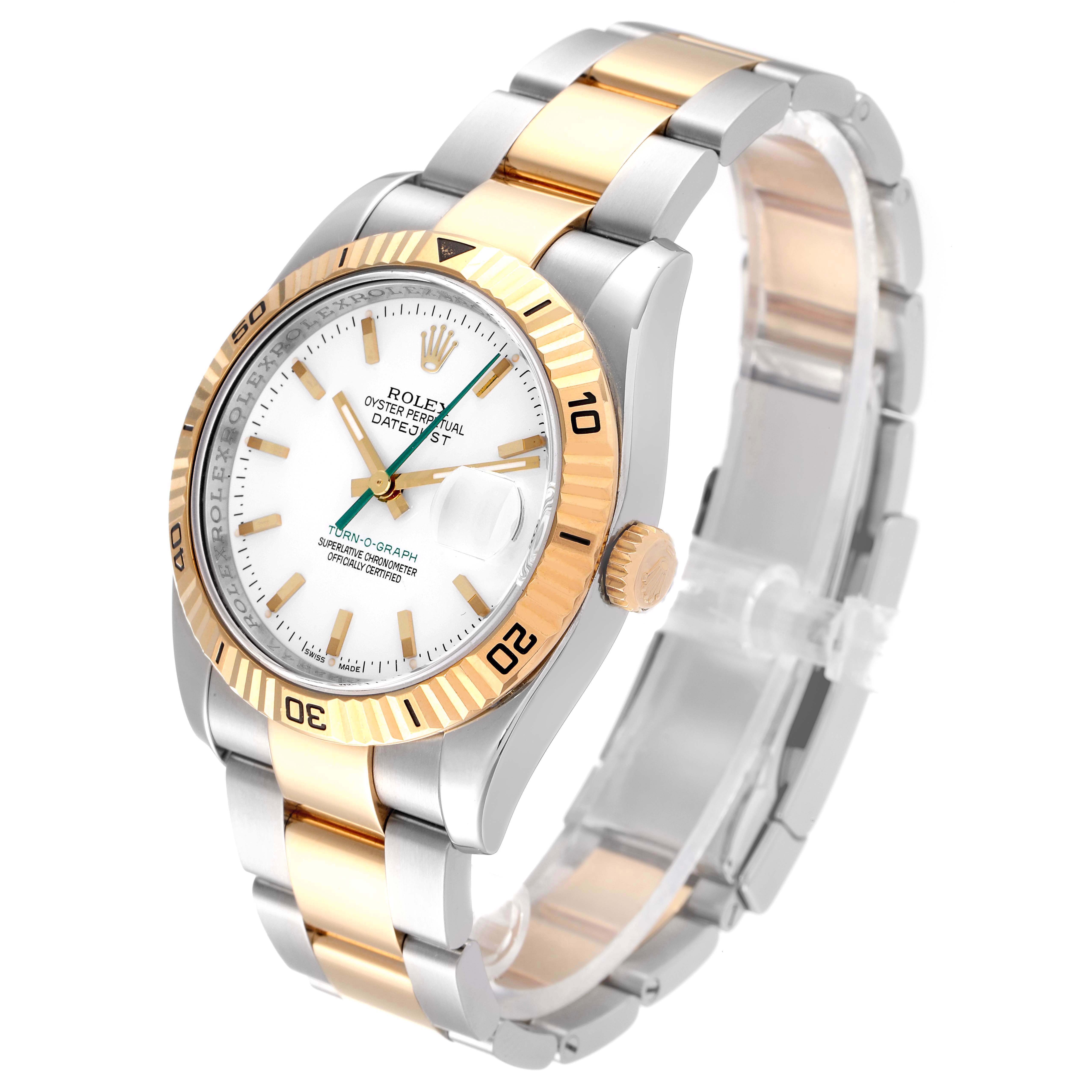The Rolex Turn-o-Graph 116263 Men
s Steel and Gold (two tone) White Dial 116263 Men
s Steel and Gold (two tone) White Dial watch is shown at a slight angle displaying the face, bezel, crown, and two-tone bracelet.