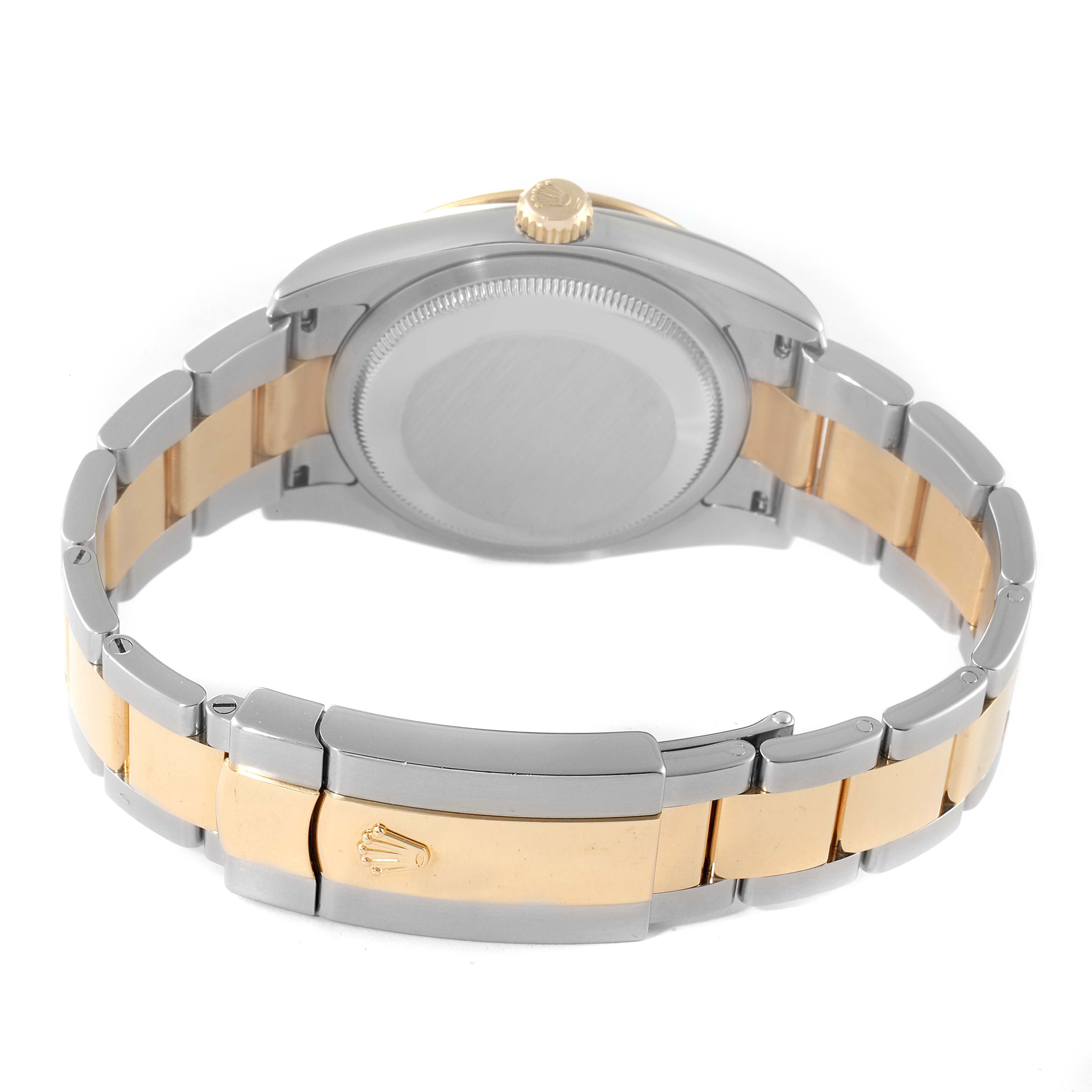 The image shows the back view of the Rolex Turn-o-Graph 116263 Men
s Steel and Gold (two tone) White Dial 116263 Men
s Steel and Gold (two tone) White Dial watch, highlighting its bracelet, clasp, and case back.