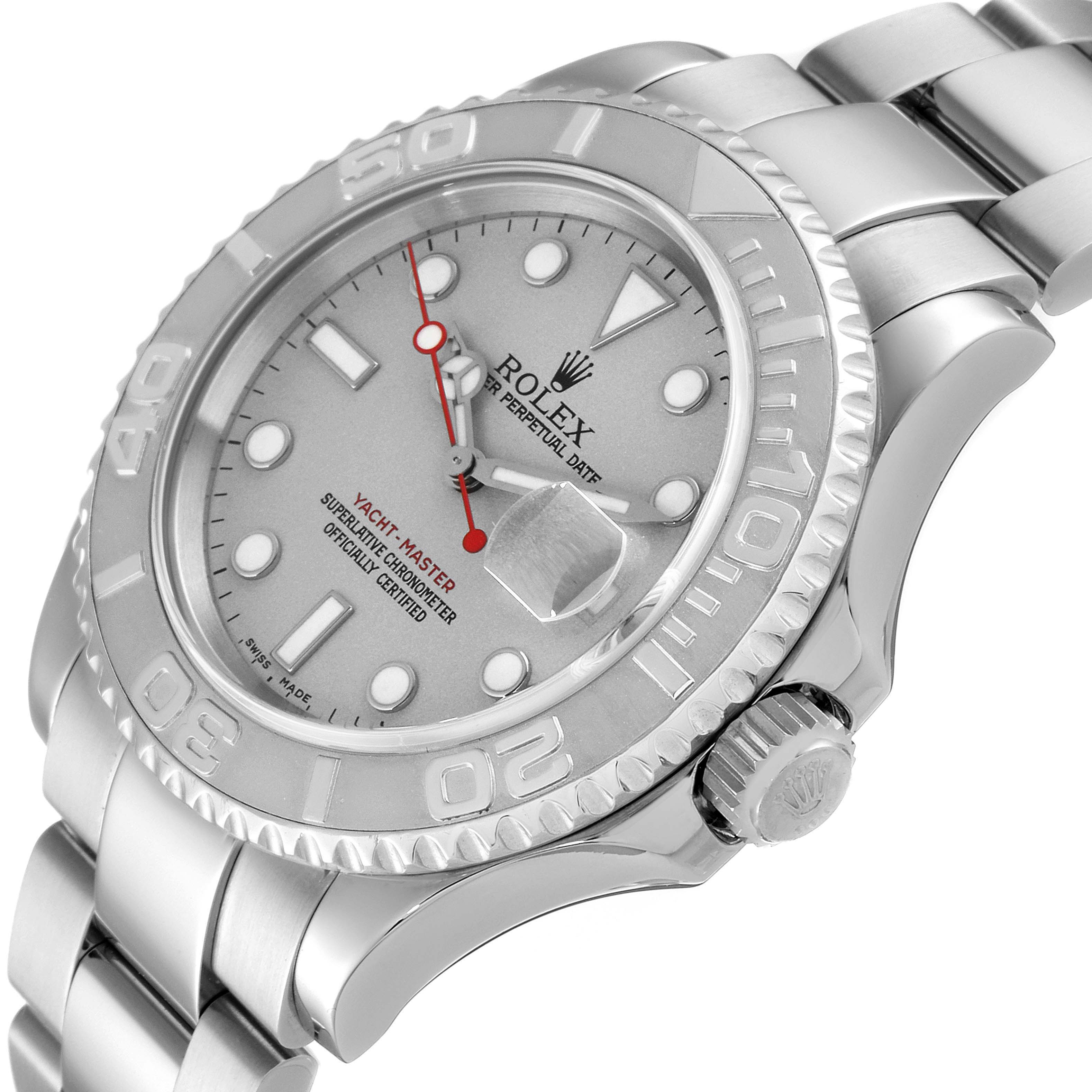 The Rolex Yacht-Master 16622 Men's Stainless Steel Silver Dial 16622 Men's Stainless Steel Silver Dial watch is shown from a low angle highlighting the face, bezel, and part of the bracelet.