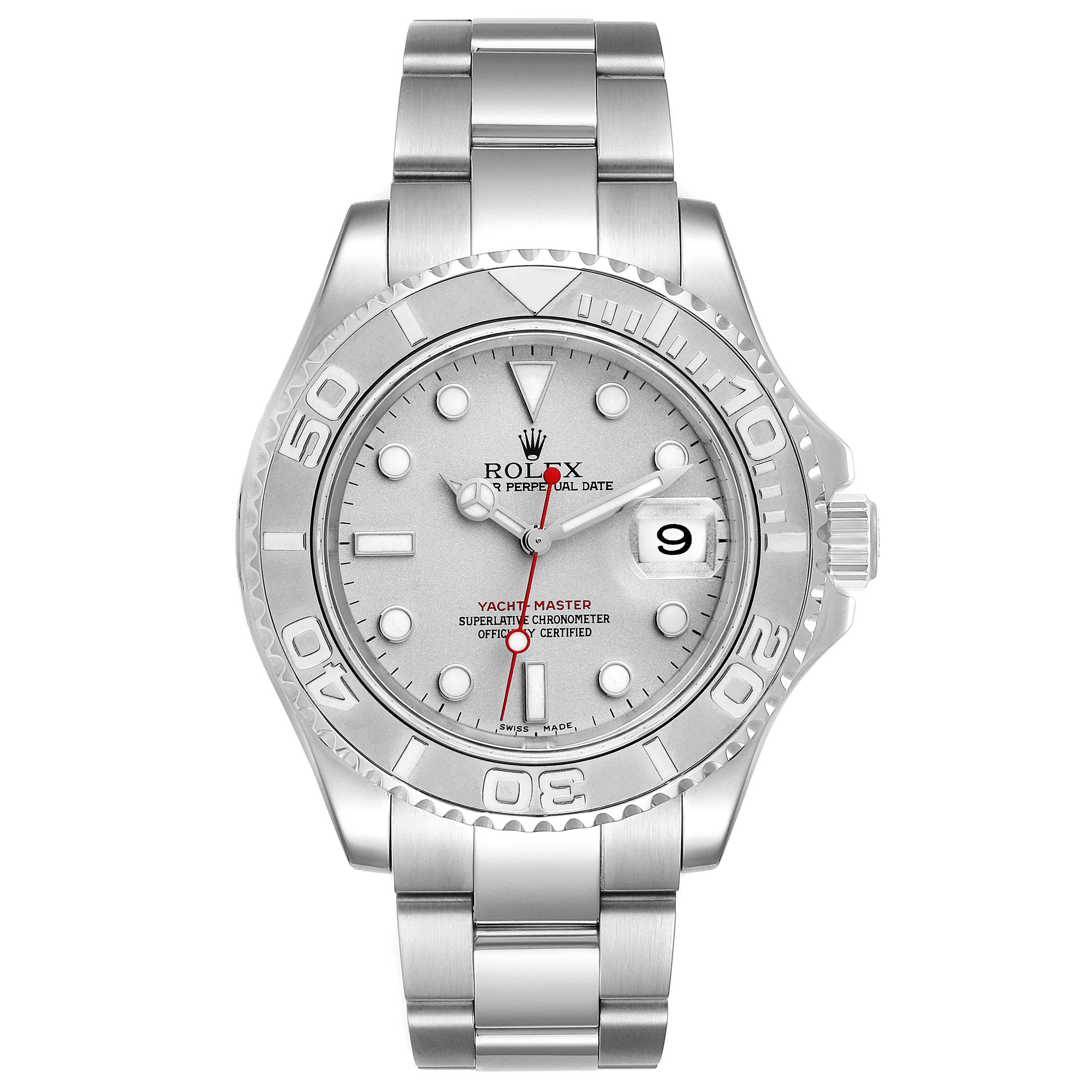 The image shows a front view of a Rolex Yacht-Master 16622 Men's Stainless Steel Silver Dial 16622 Men's Stainless Steel Silver Dial watch, displaying the dial, hands, bezel, and bracelet.