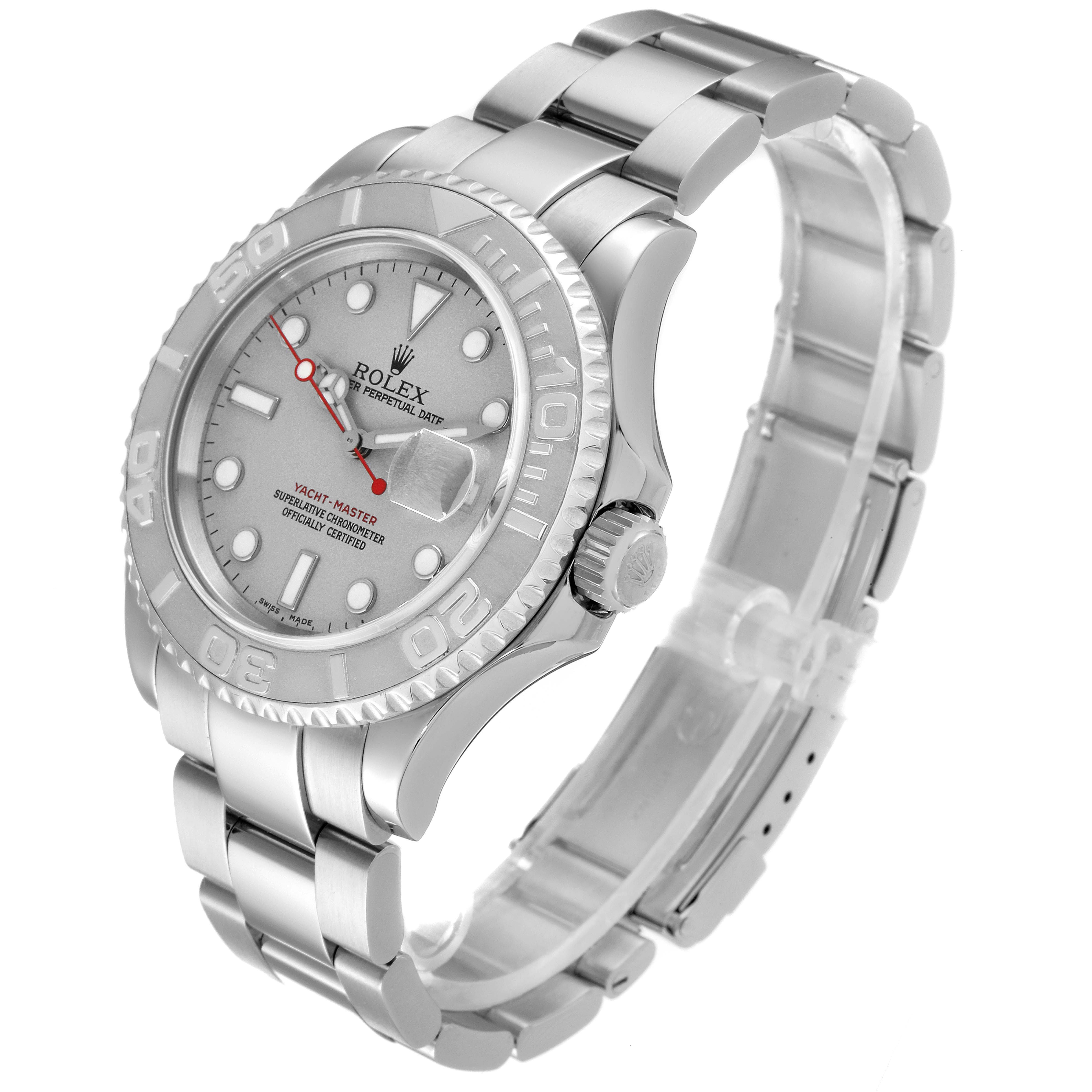 The image shows a Rolex Yacht-Master 16622 Men's Stainless Steel Silver Dial 16622 Men's Stainless Steel Silver Dial watch from a front-side angle, highlighting the face, bezel, crown, and metal bracelet.