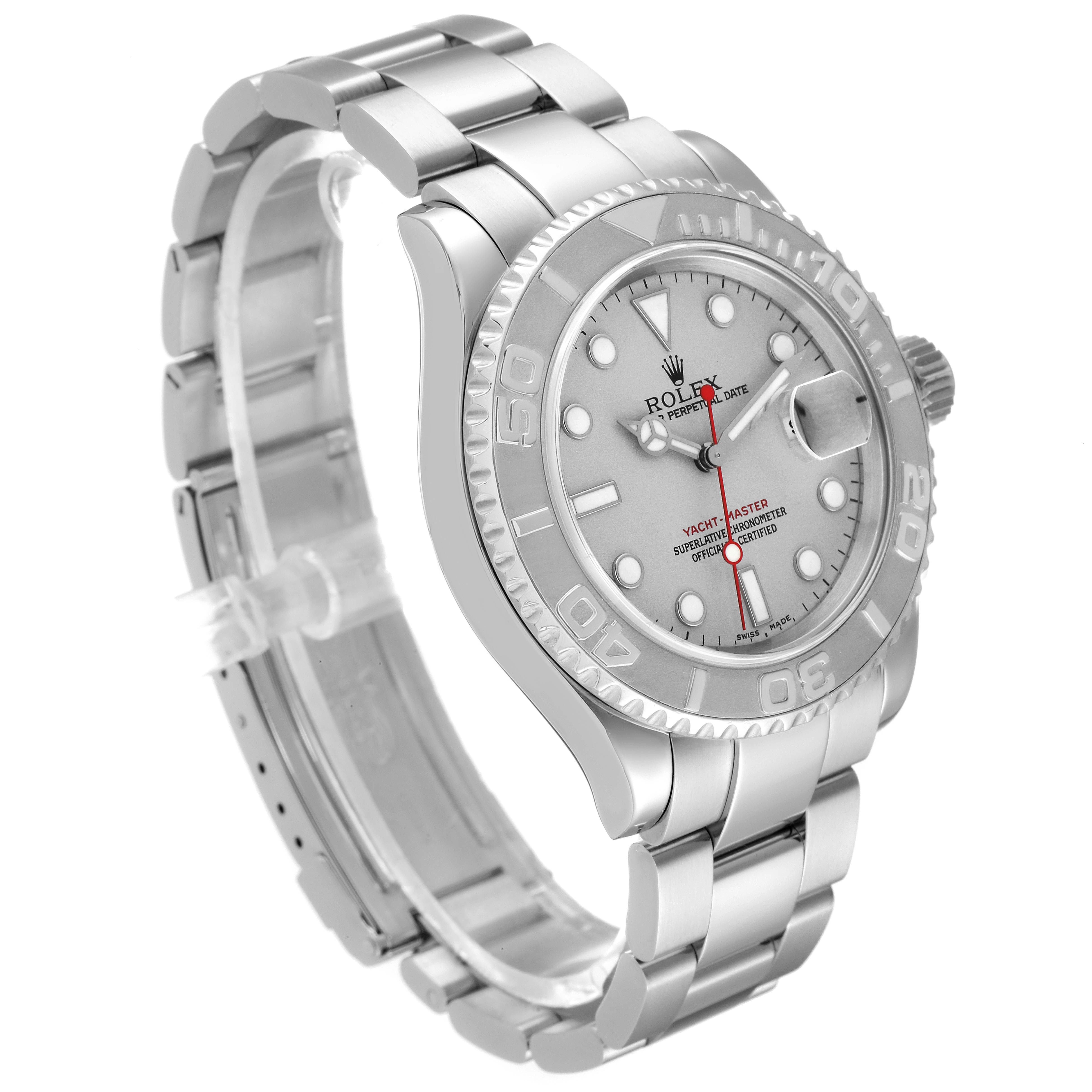 The image shows a side view of a Rolex Yacht-Master 16622 Men's Stainless Steel Silver Dial 16622 Men's Stainless Steel Silver Dial watch, displaying its face, bezel, and stainless steel bracelet.