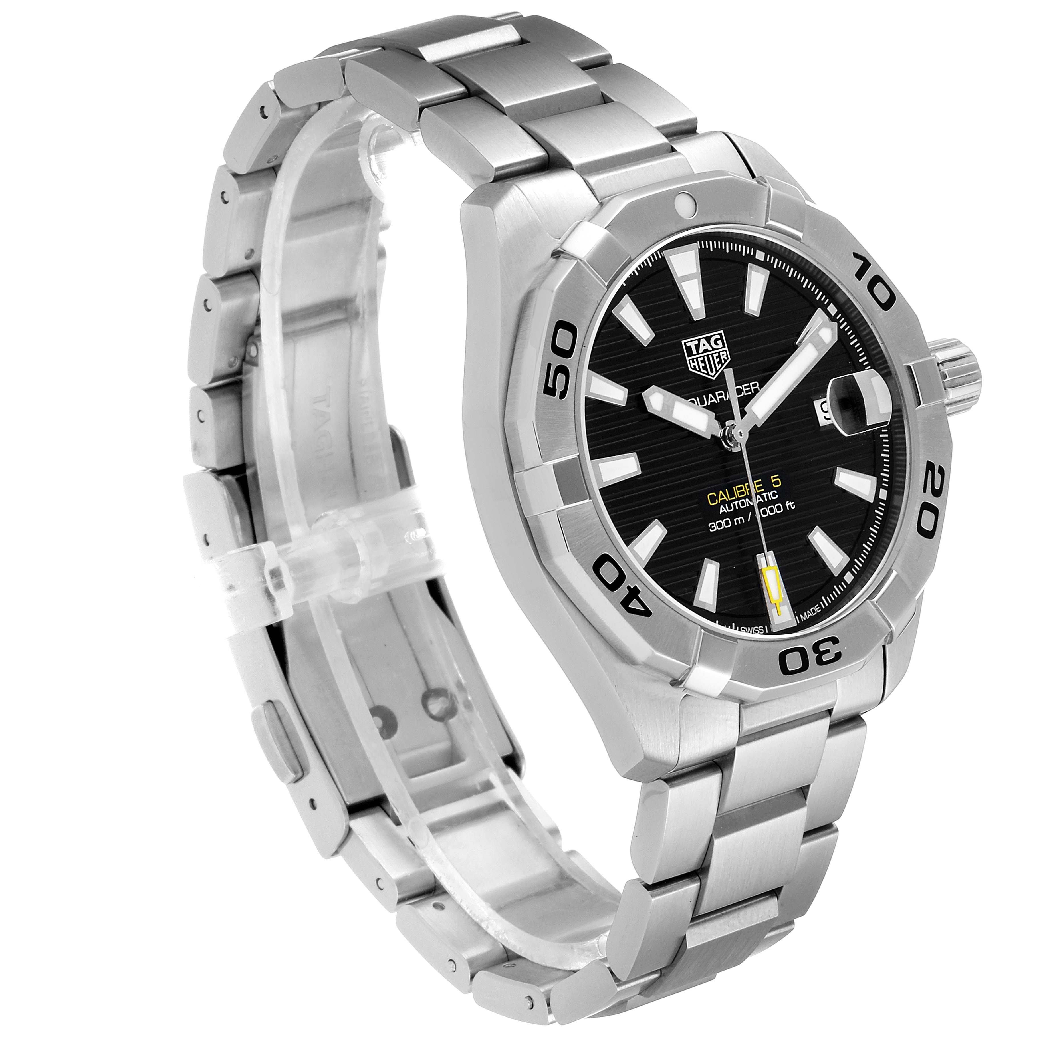 The image shows a Tag Heuer Aquaracer WBD2110.BA0928 Men
s Stainless Steel Black Dial WBD2110.BA0928 Men
s Stainless Steel Black Dial watch at a three-quarter angle, showcasing the dial, bezel, and bracelet.