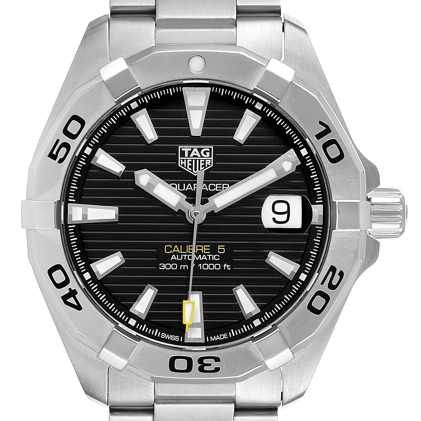 The Tag Heuer Aquaracer WBD2110.BA0928 Men
s Stainless Steel Black Dial WBD2110.BA0928 Men
s Stainless Steel Black Dial watch is shown from a front angle, displaying the face, bezel, and part of the stainless steel bracelet.