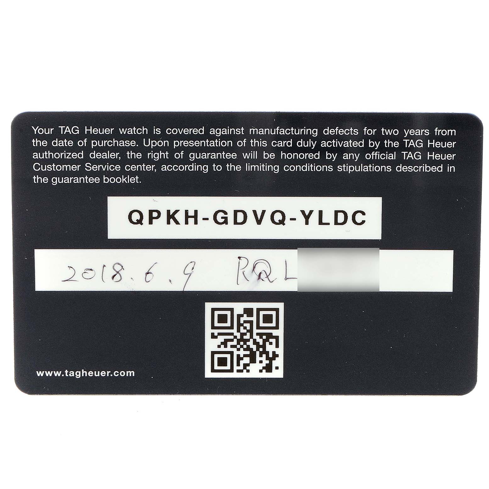 This image shows the warranty card for a Tag Heuer Aquaracer WBD2110.BA0928 Men
s Stainless Steel Black Dial WBD2110.BA0928 Men
s Stainless Steel Black Dial watch, including a QR code and purchase date.