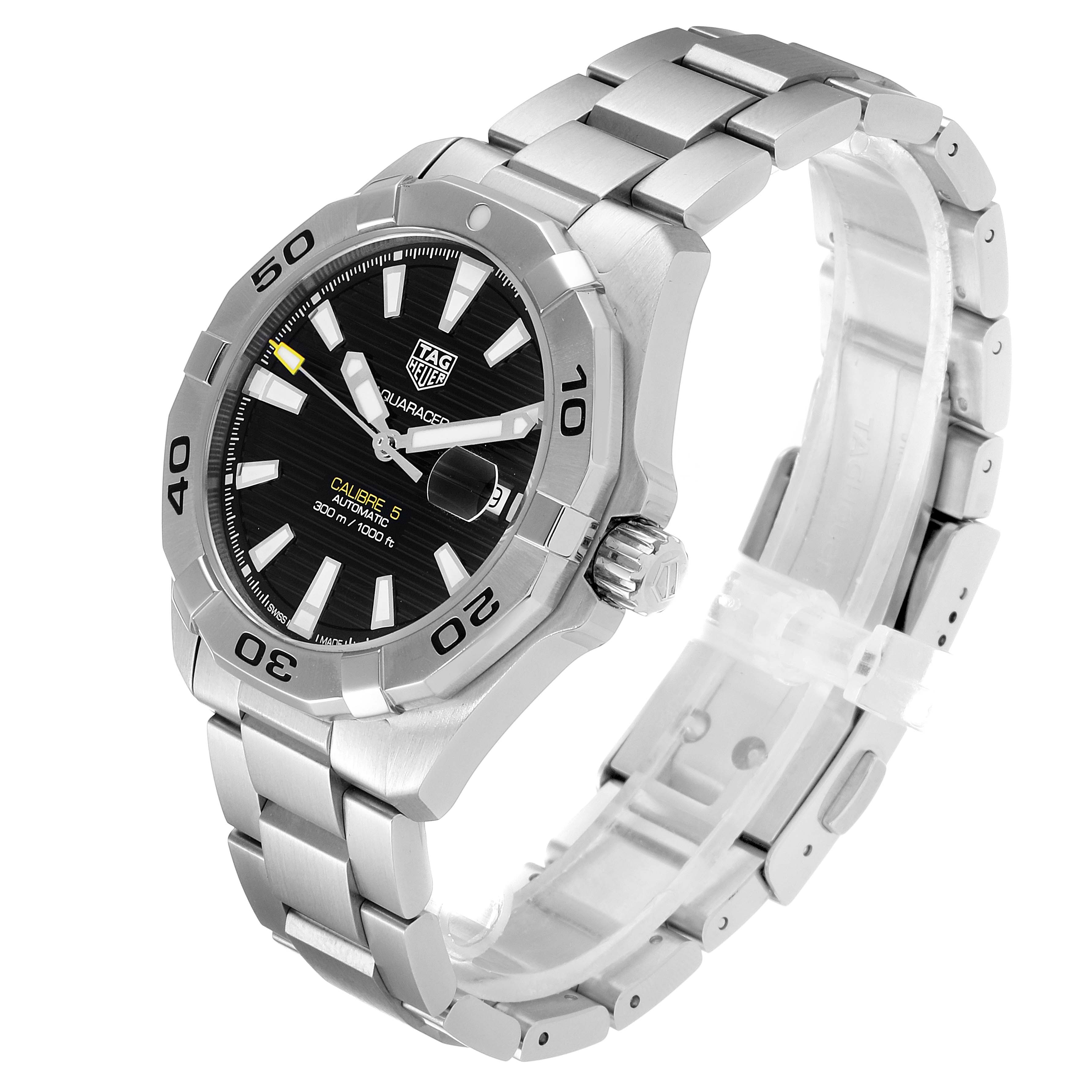 The image shows a Tag Heuer Aquaracer WBD2110.BA0928 Men
s Stainless Steel Black Dial WBD2110.BA0928 Men
s Stainless Steel Black Dial watch angled from the front and right, highlighting its bezel, dial, and bracelet.