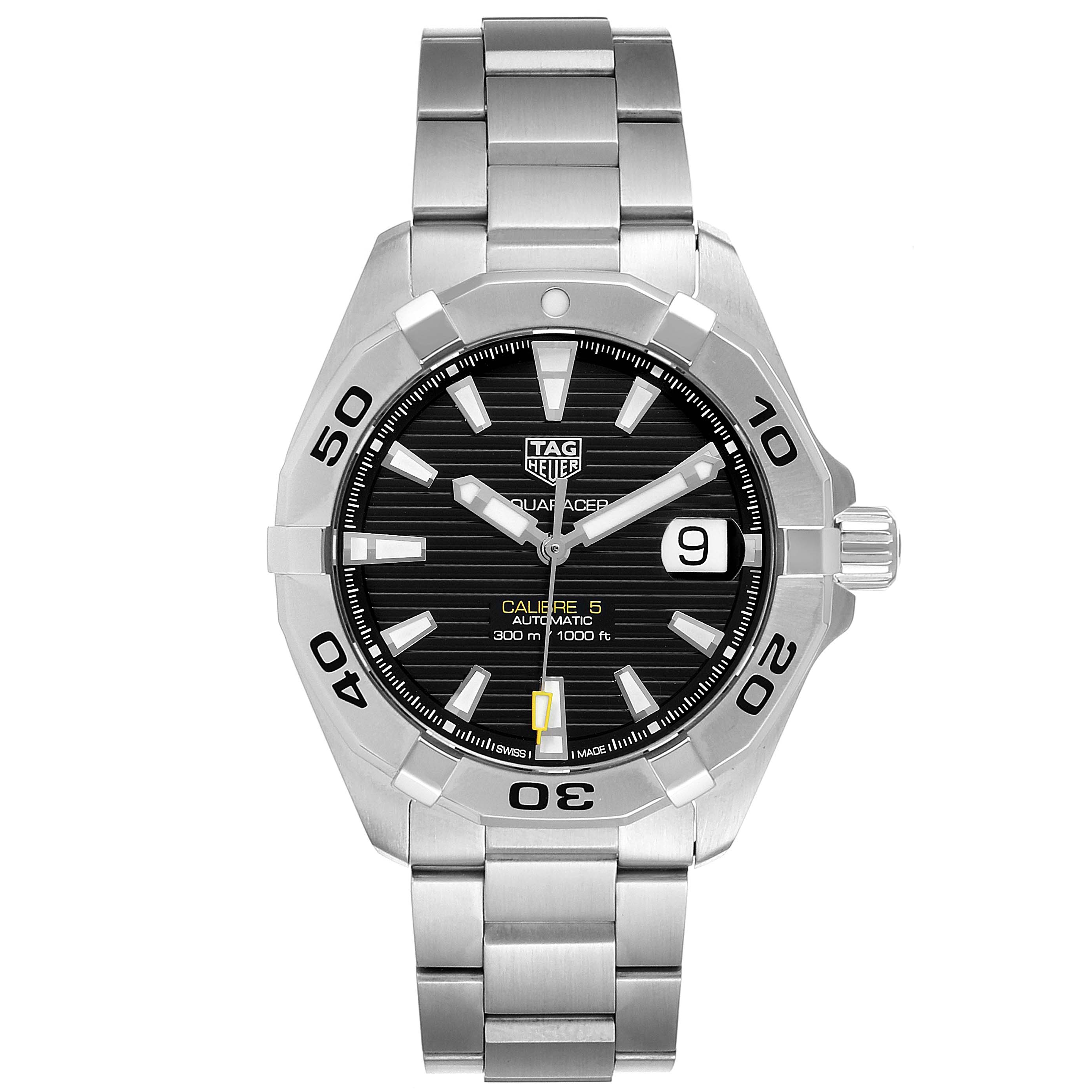 The image shows a frontal view of the Tag Heuer Aquaracer WBD2110.BA0928 Men
s Stainless Steel Black Dial WBD2110.BA0928 Men
s Stainless Steel Black Dial watch, showcasing the dial, bezel, bracelet, and crown.