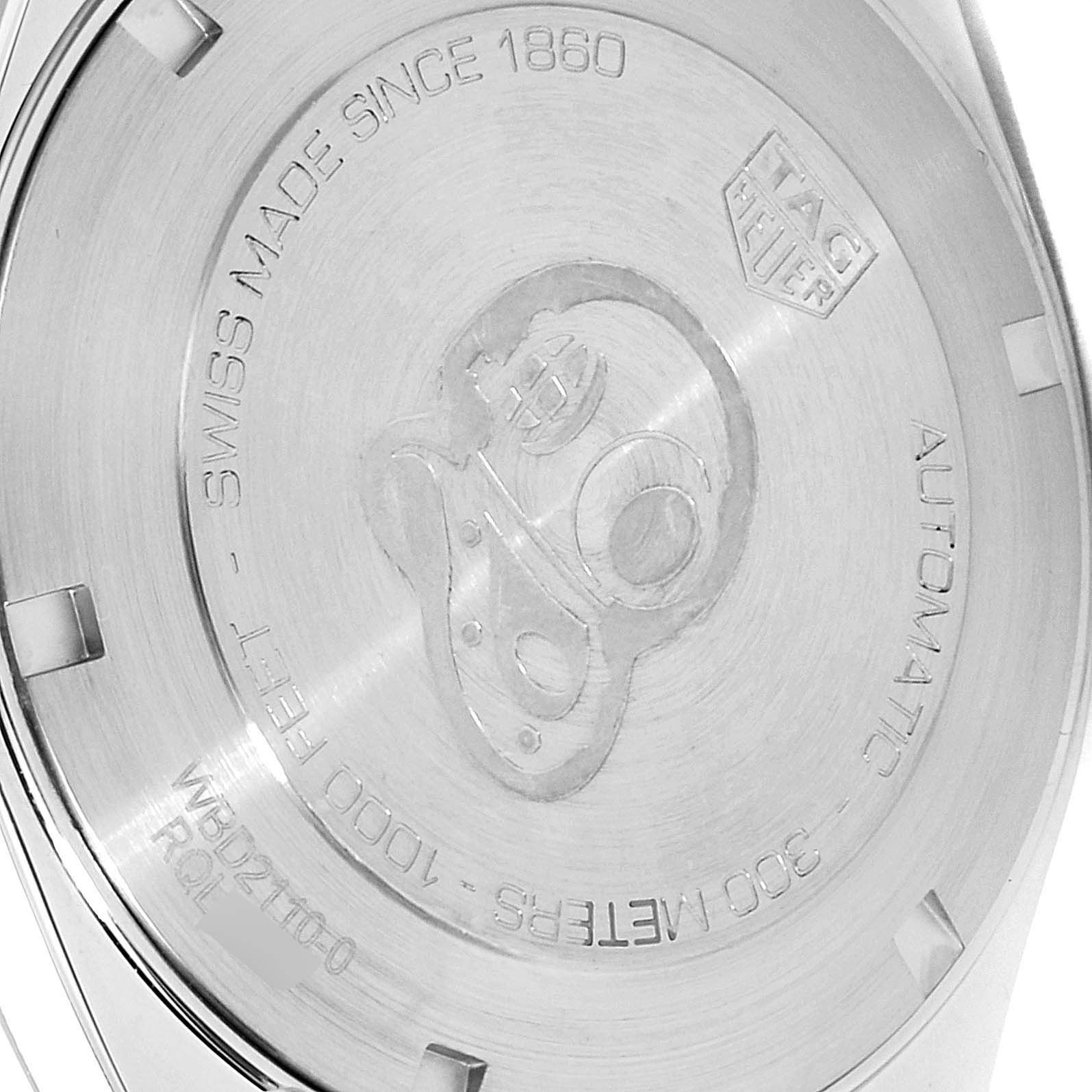 The image shows the case back of the Tag Heuer Aquaracer WBD2110.BA0928 Men
s Stainless Steel Black Dial WBD2110.BA0928 Men
s Stainless Steel Black Dial watch, highlighting its engraving and specifications.