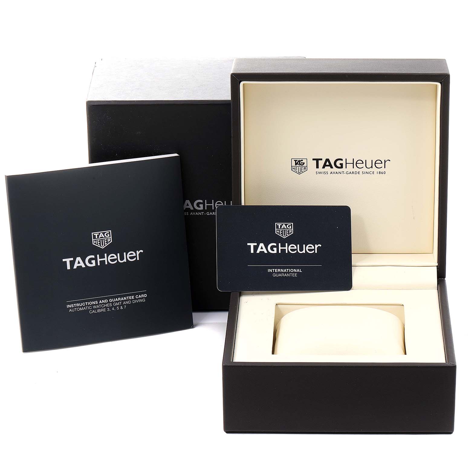 The image shows the packaging, warranty card, and instruction booklet for a Tag Heuer Aquaracer WBD2110.BA0928 Men
s Stainless Steel Black Dial WBD2110.BA0928 Men
s Stainless Steel Black Dial watch.