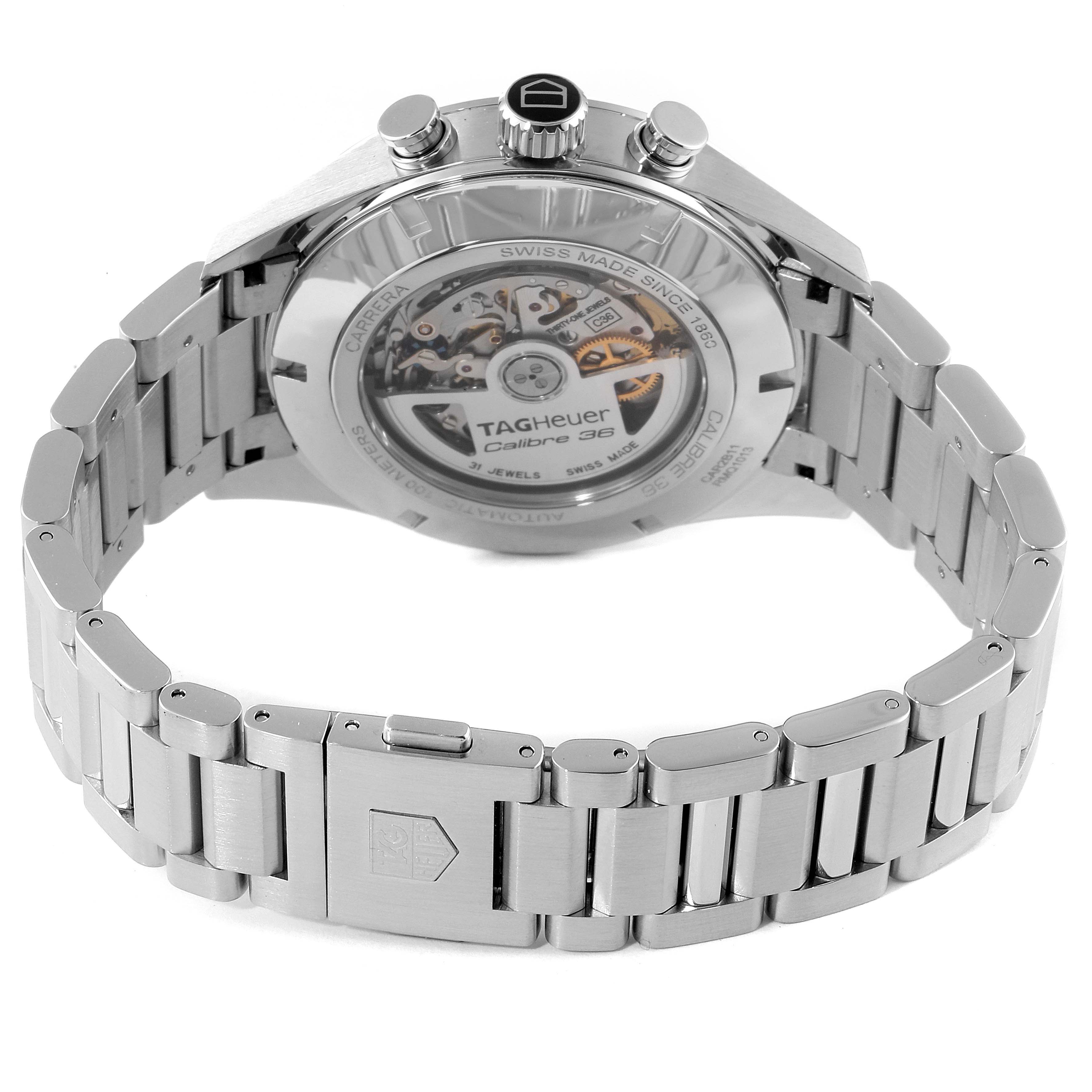 The image shows the back of the Tag Heuer Carrera CAR2B11.BA0799 Men
s Stainless Steel Grey Dial CAR2B11.BA0799 Men
s Stainless Steel Grey Dial watch, highlighting the mechanism and the stainless steel bracelet.