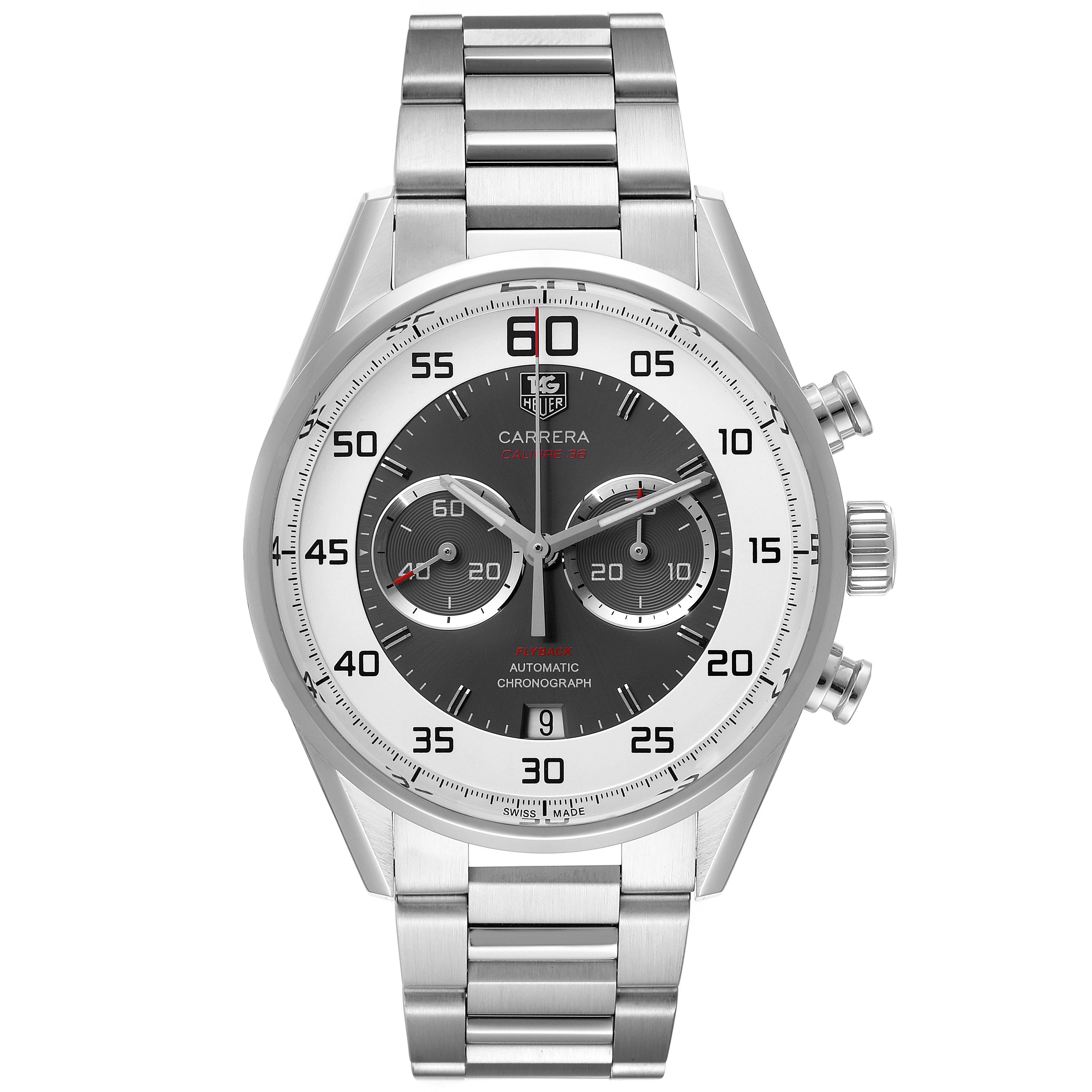 This image shows a front view of the Tag Heuer Carrera CAR2B11.BA0799 Men
s Stainless Steel Grey Dial CAR2B11.BA0799 Men
s Stainless Steel Grey Dial watch, displaying its face, chronograph dials, and metal bracelet.