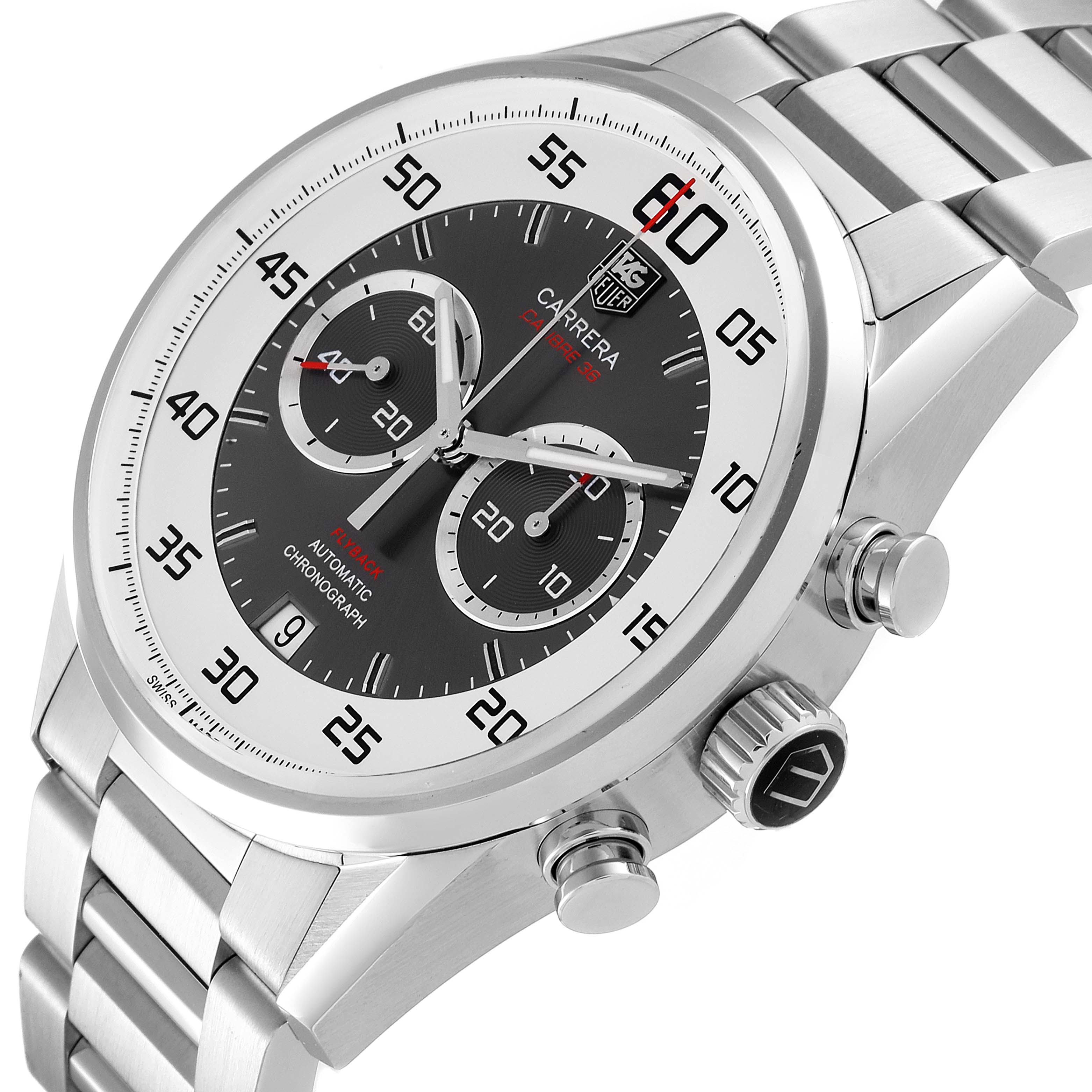 The Carrera by Tag Heuer is shown from an angled perspective displaying the bezel, dial, chronograph subdials, pushers, and bracelet.