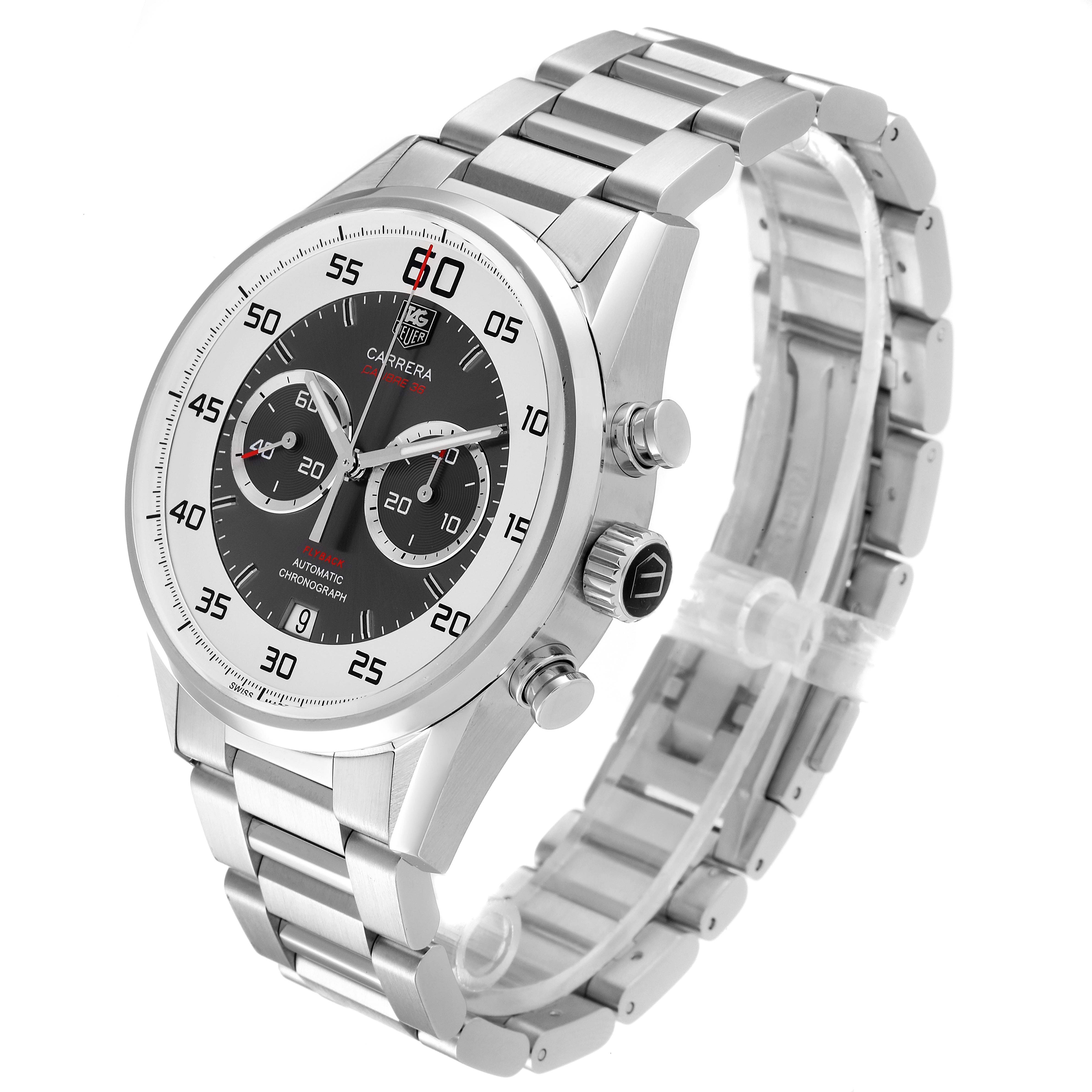 This image shows a stainless steel Tag Heuer Carrera CAR2B11.BA0799 Men
s Stainless Steel Grey Dial CAR2B11.BA0799 Men
s Stainless Steel Grey Dial watch from a side angle, highlighting its dial, case, and bracelet.