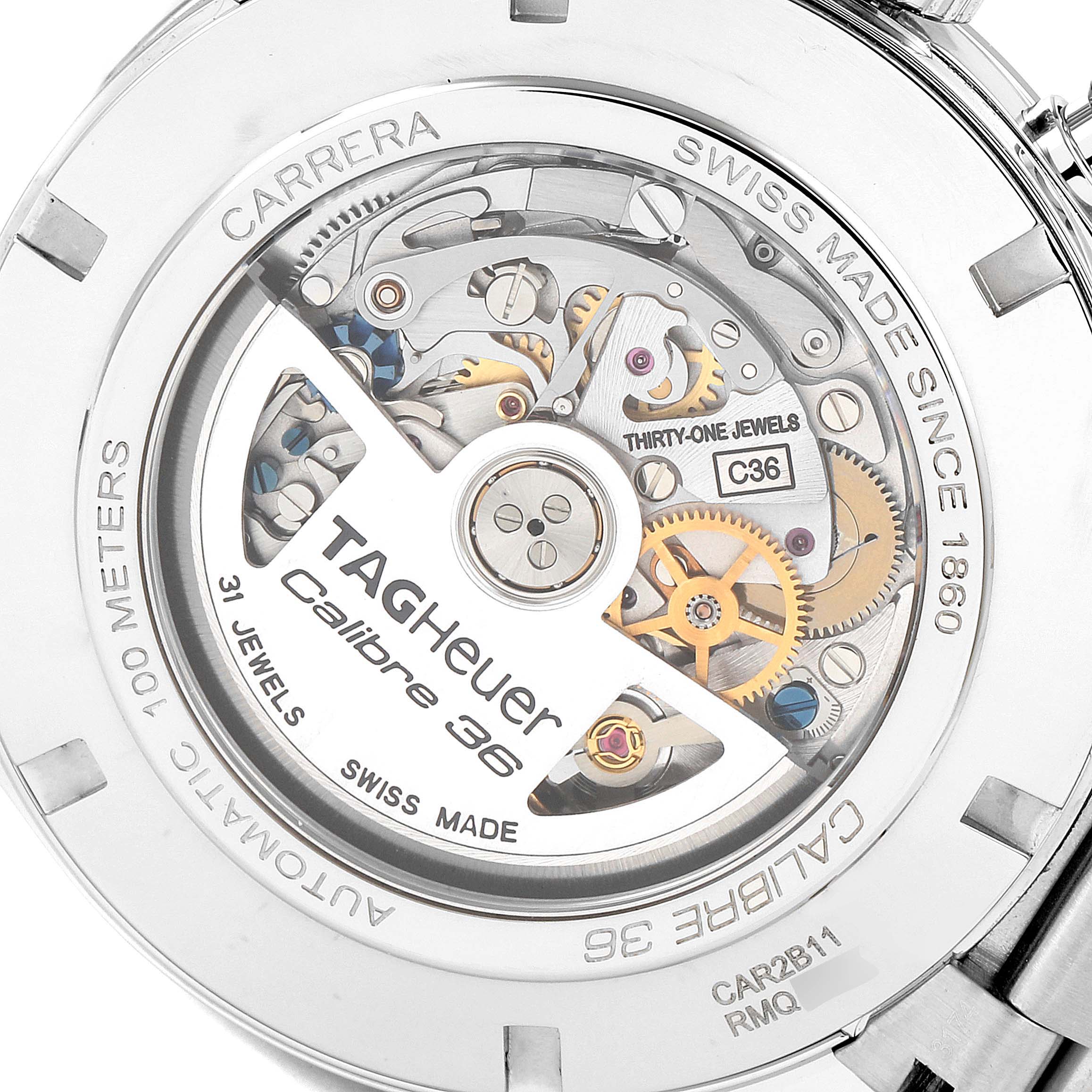 The image shows the back view of a Tag Heuer Carrera CAR2B11.BA0799 Men
s Stainless Steel Grey Dial CAR2B11.BA0799 Men
s Stainless Steel Grey Dial watch, revealing its intricate Calibre 36 automatic movement.