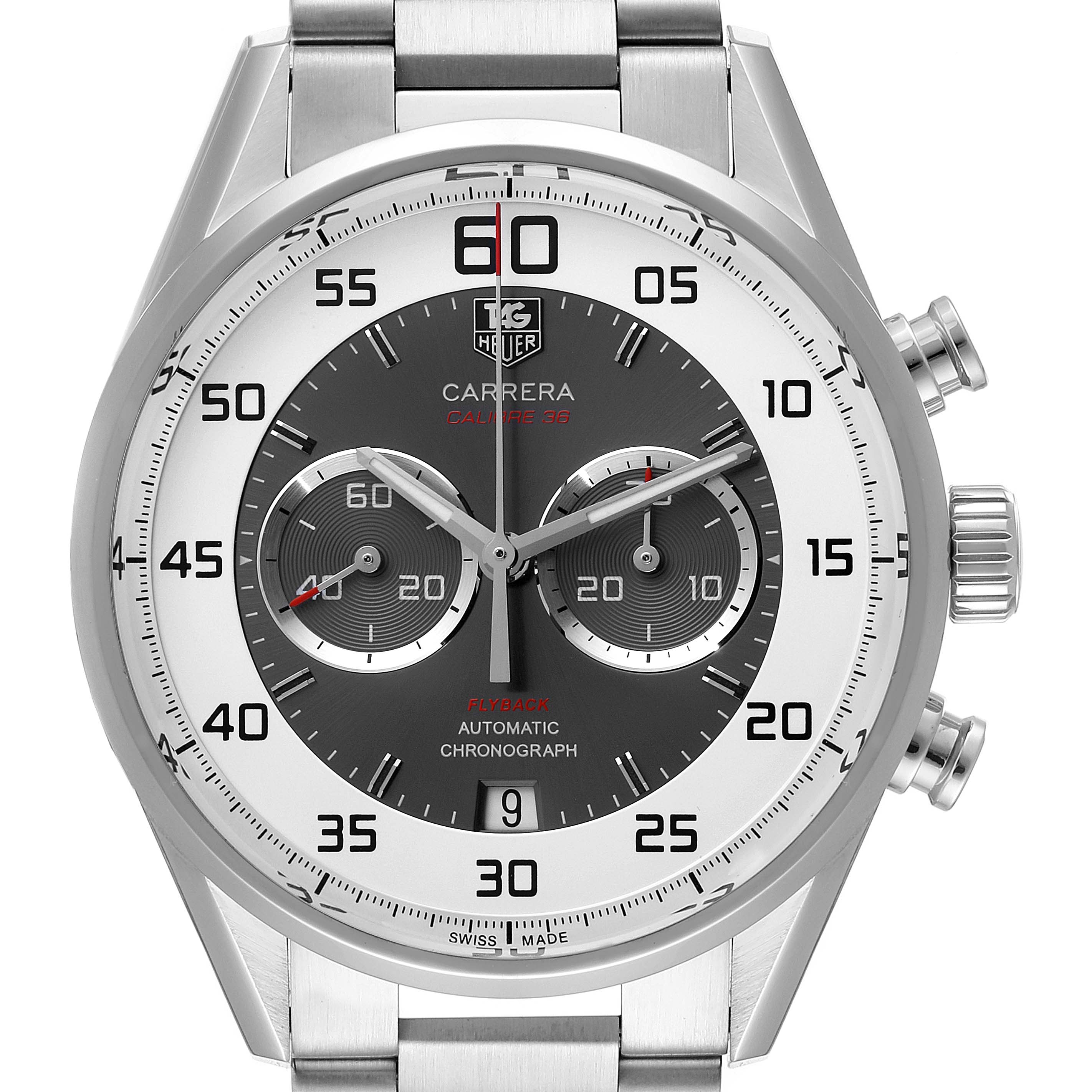 The image shows a front view of a Tag Heuer Carrera CAR2B11.BA0799 Men
s Stainless Steel Grey Dial CAR2B11.BA0799 Men
s Stainless Steel Grey Dial watch, displaying the dial and chronograph subdials.