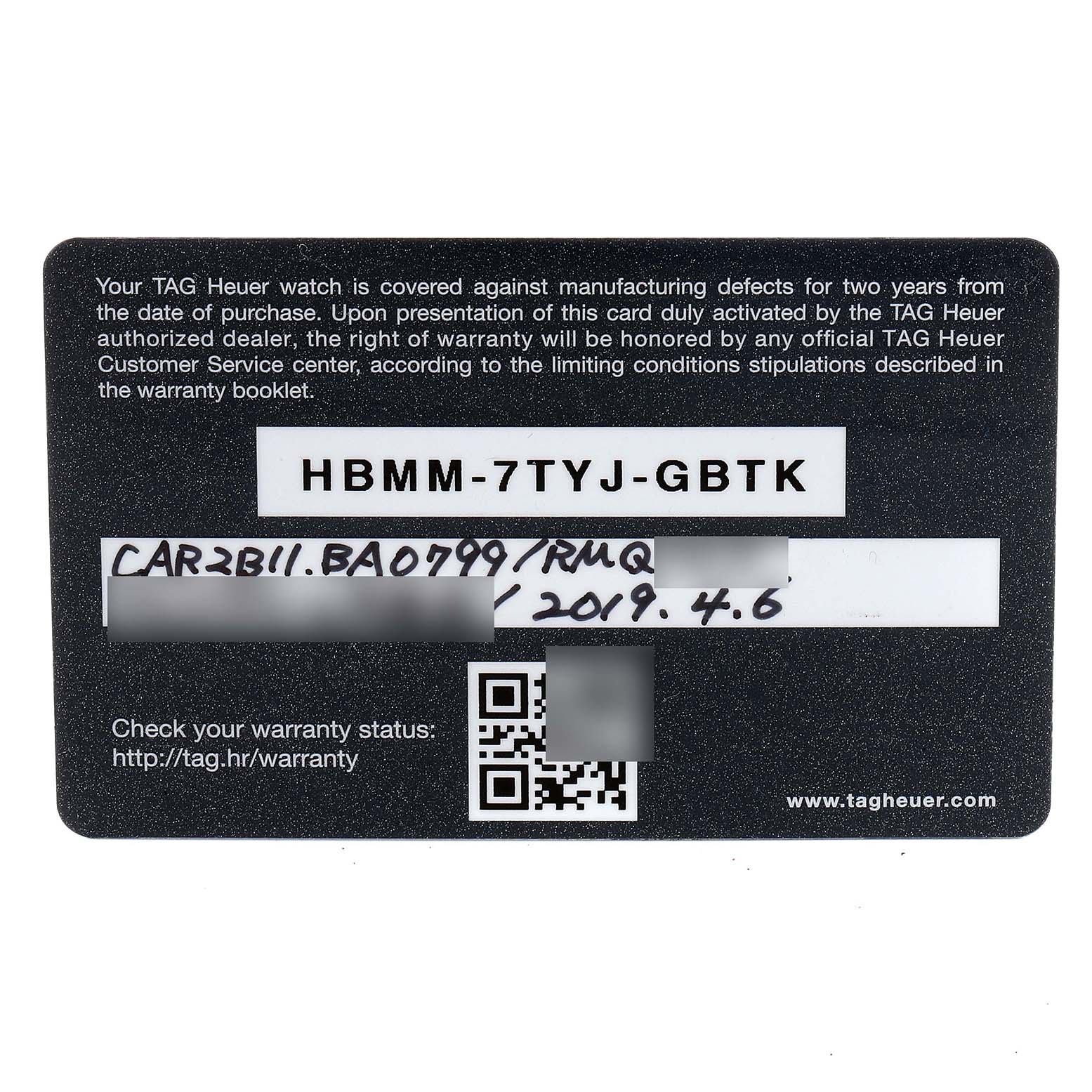 This image shows the warranty card for a Tag Heuer Carrera CAR2B11.BA0799 Men
s Stainless Steel Grey Dial CAR2B11.BA0799 Men
s Stainless Steel Grey Dial watch, including the serial number and purchase date.