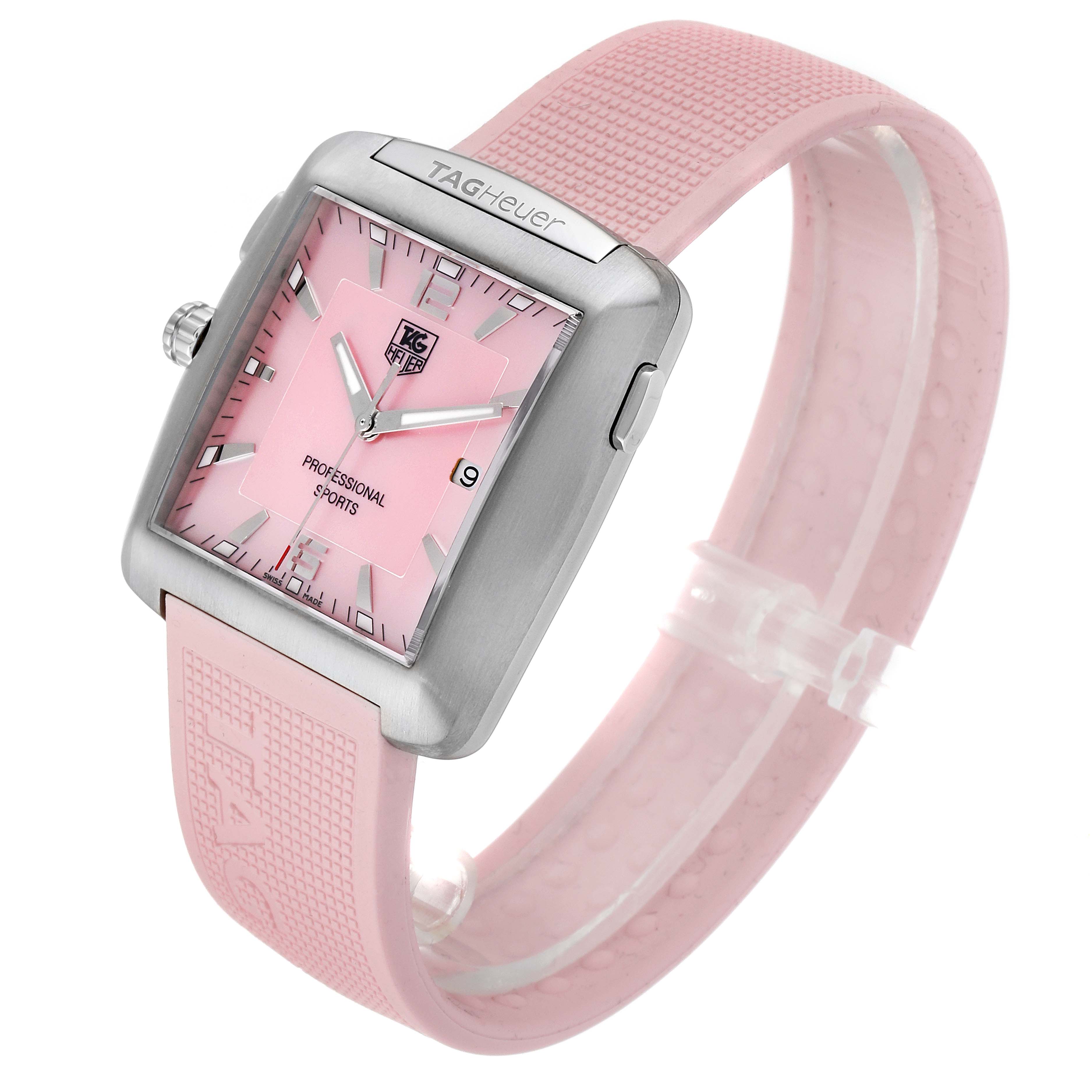 The image shows the Tag Heuer Monaco WAE1114.FT6011 Women's Titanium Mother of Pearl Dial WAE1114.FT6011 Women's Titanium Mother of Pearl Dial model watch at a three-quarter angle, highlighting the pink dial and strap.