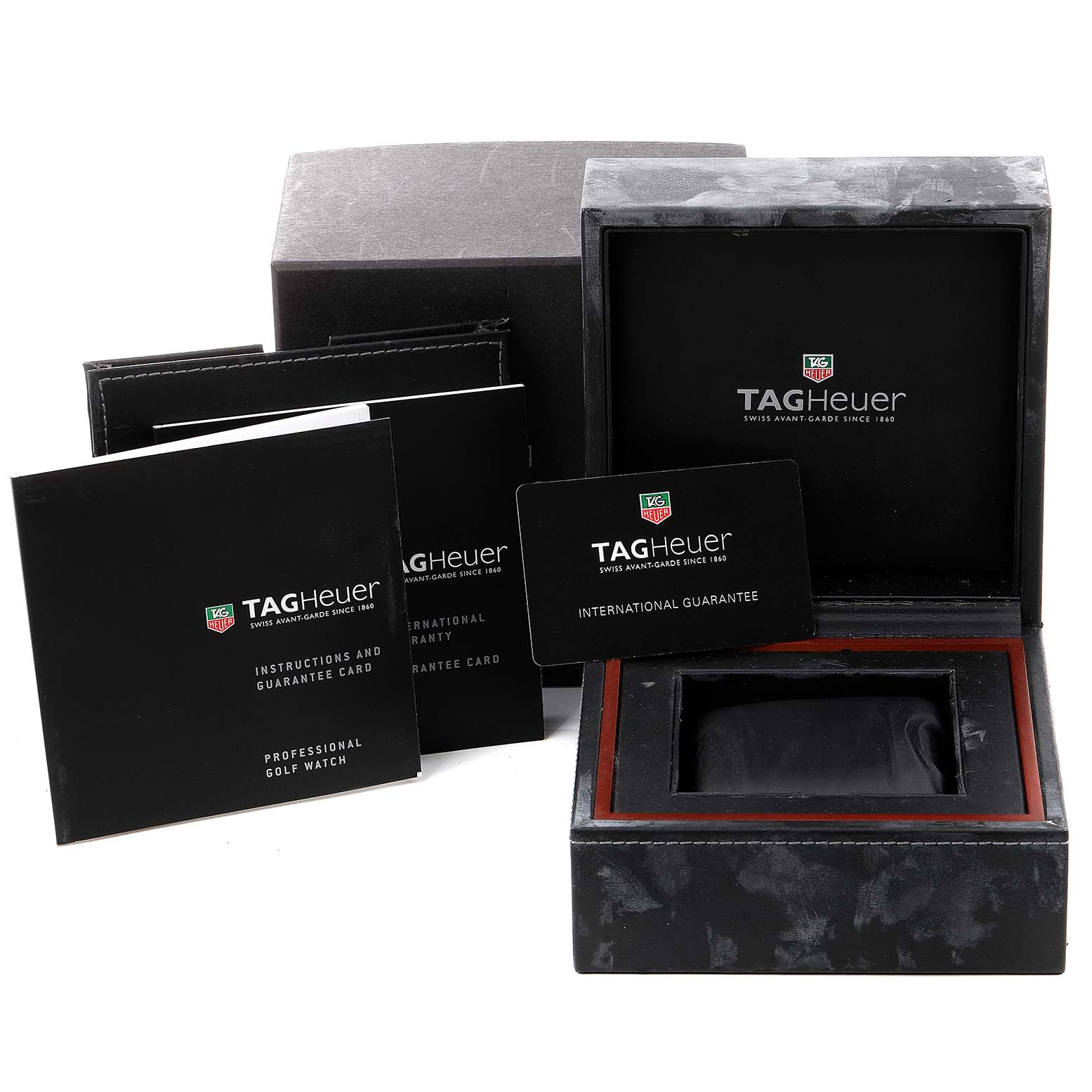 The image shows the packaging, box, and documentation for a Tag Heuer Monaco WAE1114.FT6011 Women's Titanium Mother of Pearl Dial WAE1114.FT6011 Women's Titanium Mother of Pearl Dial model watch.