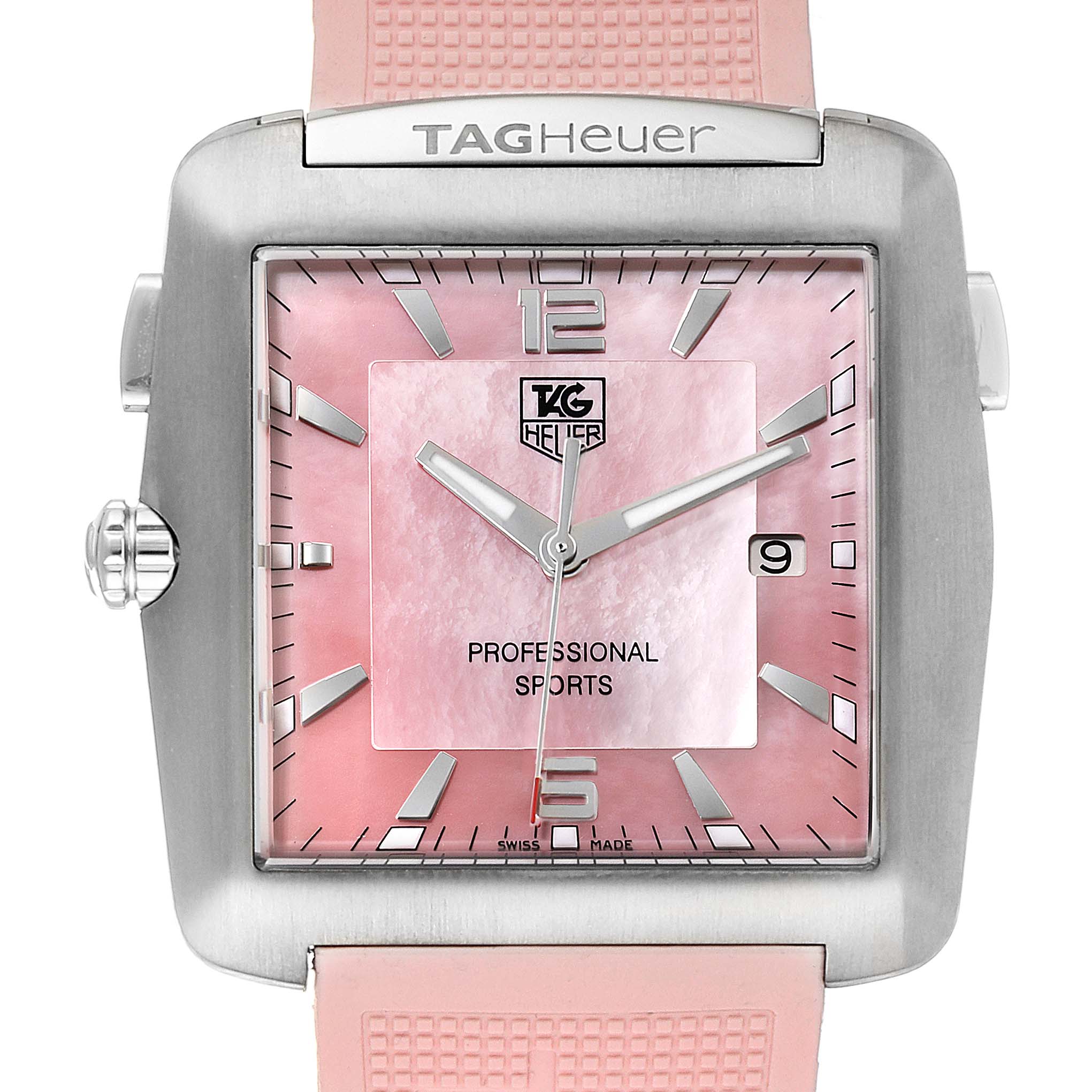 This image shows the front face of the Tag Heuer Monaco WAE1114.FT6011 Women's Titanium Mother of Pearl Dial WAE1114.FT6011 Women's Titanium Mother of Pearl Dial watch with a pink dial and a pink strap.