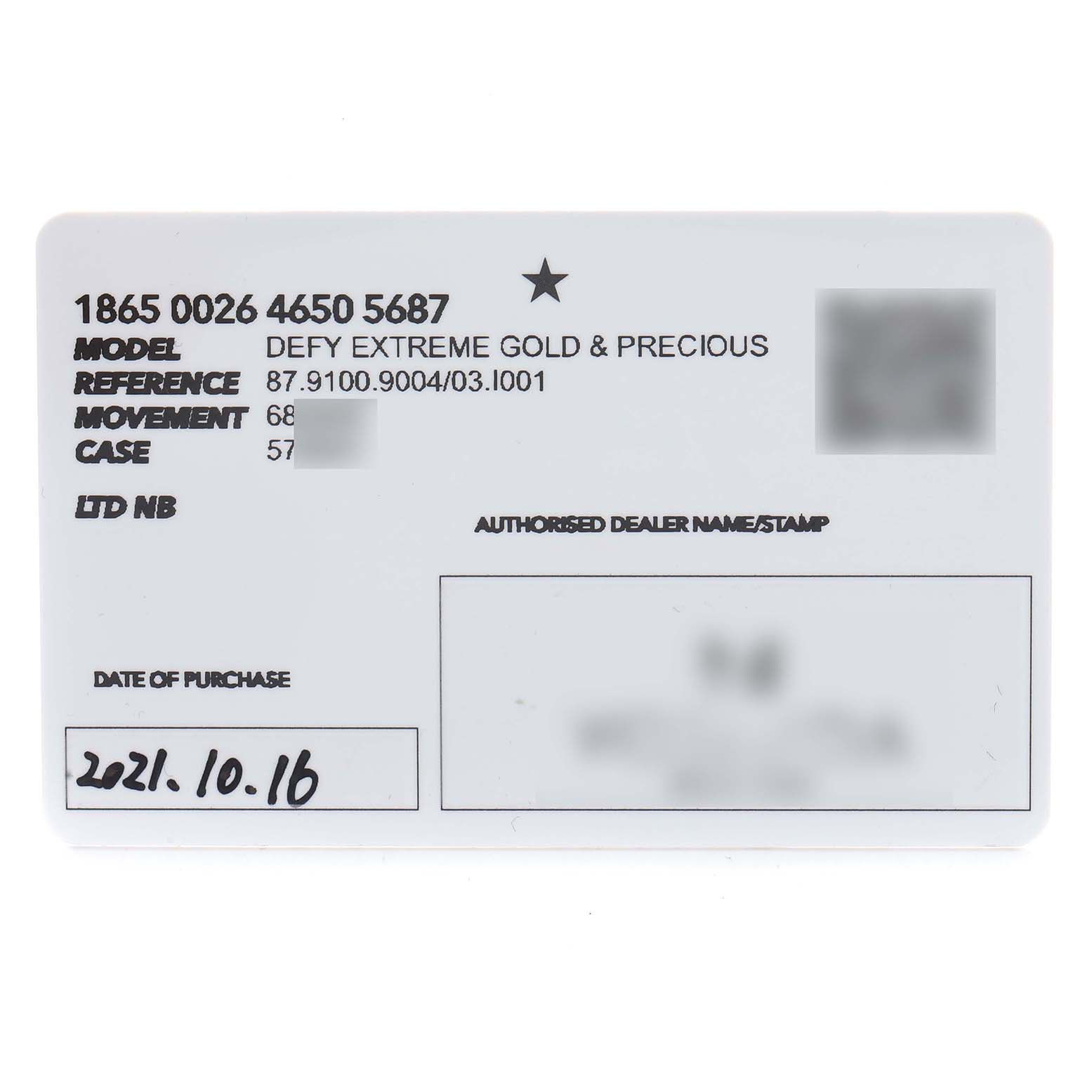 The image shows a warranty card for the Zenith Defy 87.9100.9004/03.I001 Men's Titanium Grey Dial Extreme Gold & Precious model, viewed from above.