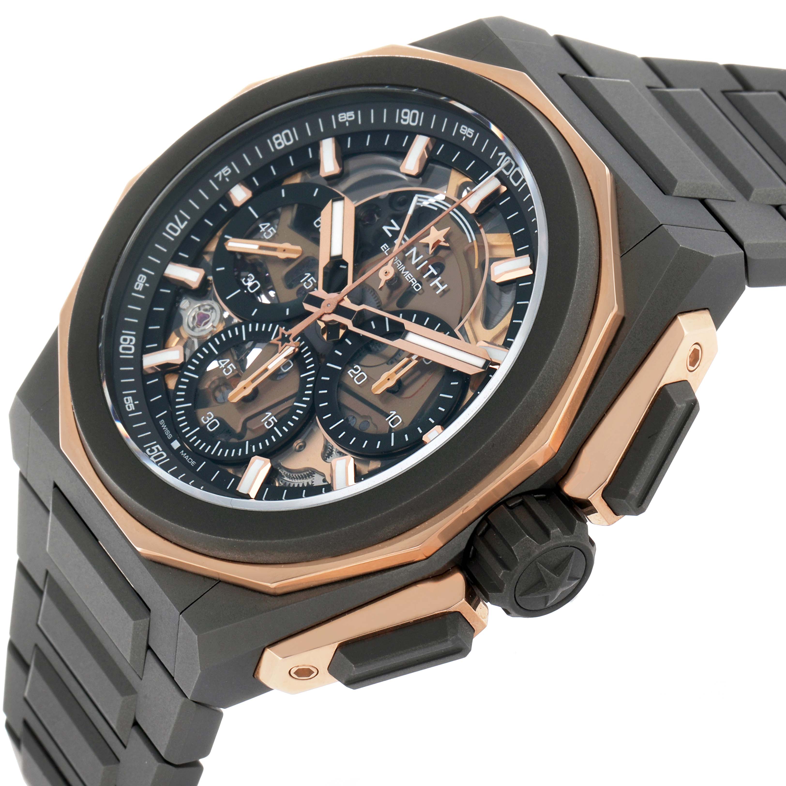 The Zenith Defy 87.9100.9004/03.I001 Men's Titanium Grey Dial watch is shown at a slight angle, highlighting the bezel, dial, crown, and bracelet.