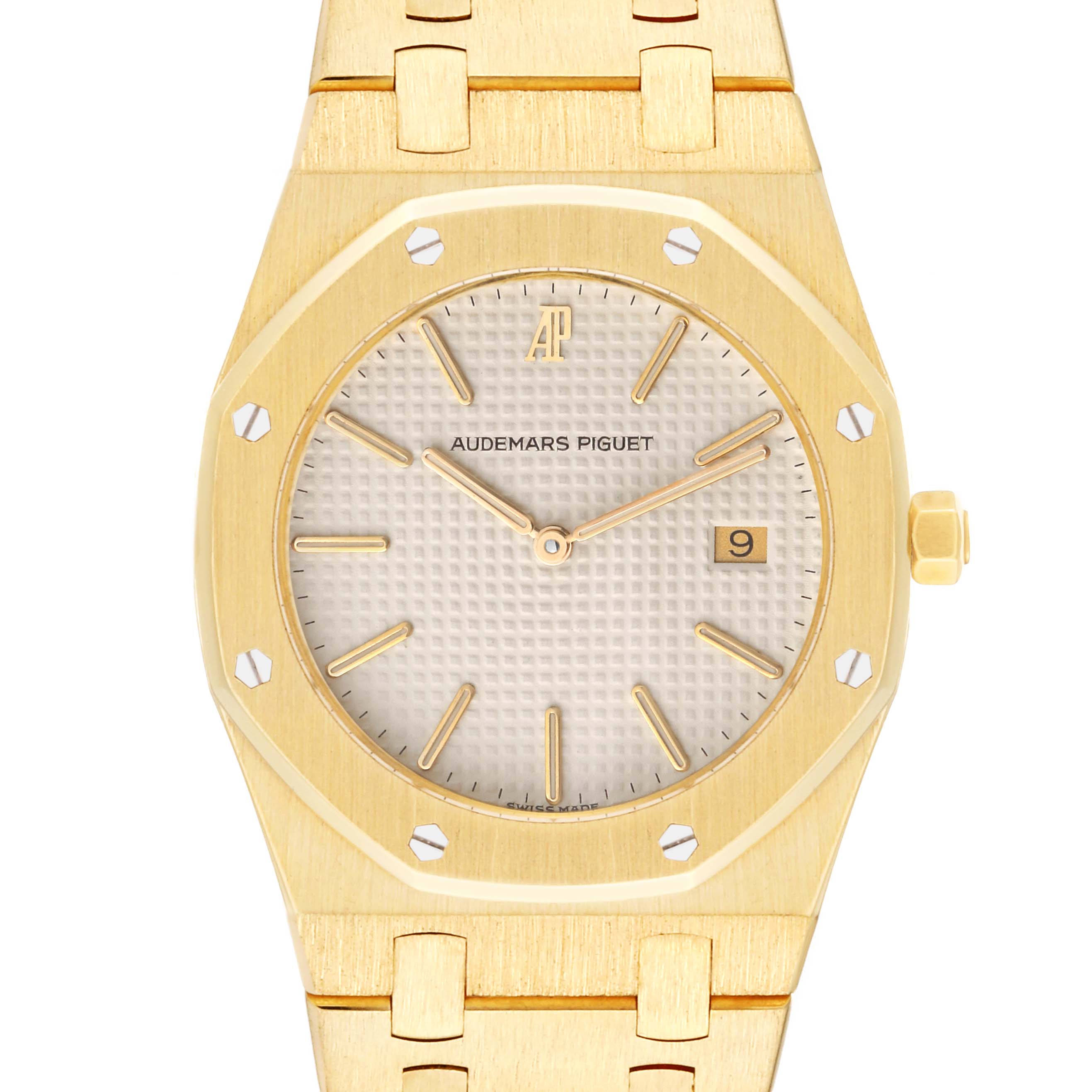 The image shows a front view of the Audemars Piguet Royal Oak 56175BA Men's Yellow Gold White Dial 56175BA Men's Yellow Gold White Dial watch, highlighting its gold case, bezel, dial, and part of the bracelet.