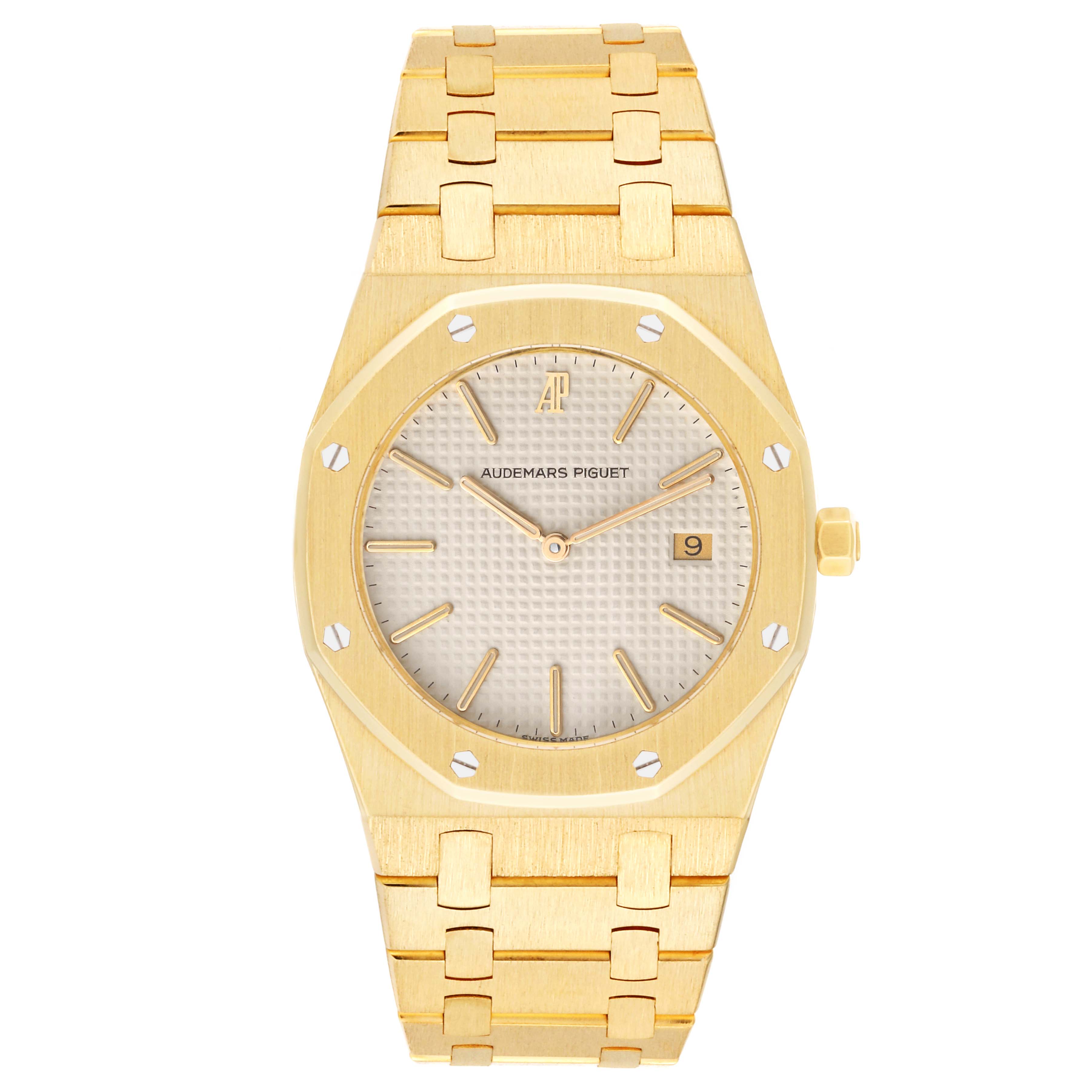 The image shows a front view of the Audemars Piguet Royal Oak 56175BA Men's Yellow Gold White Dial 56175BA Men's Yellow Gold White Dial watch, highlighting its face, bezel, bracelet, and crown.