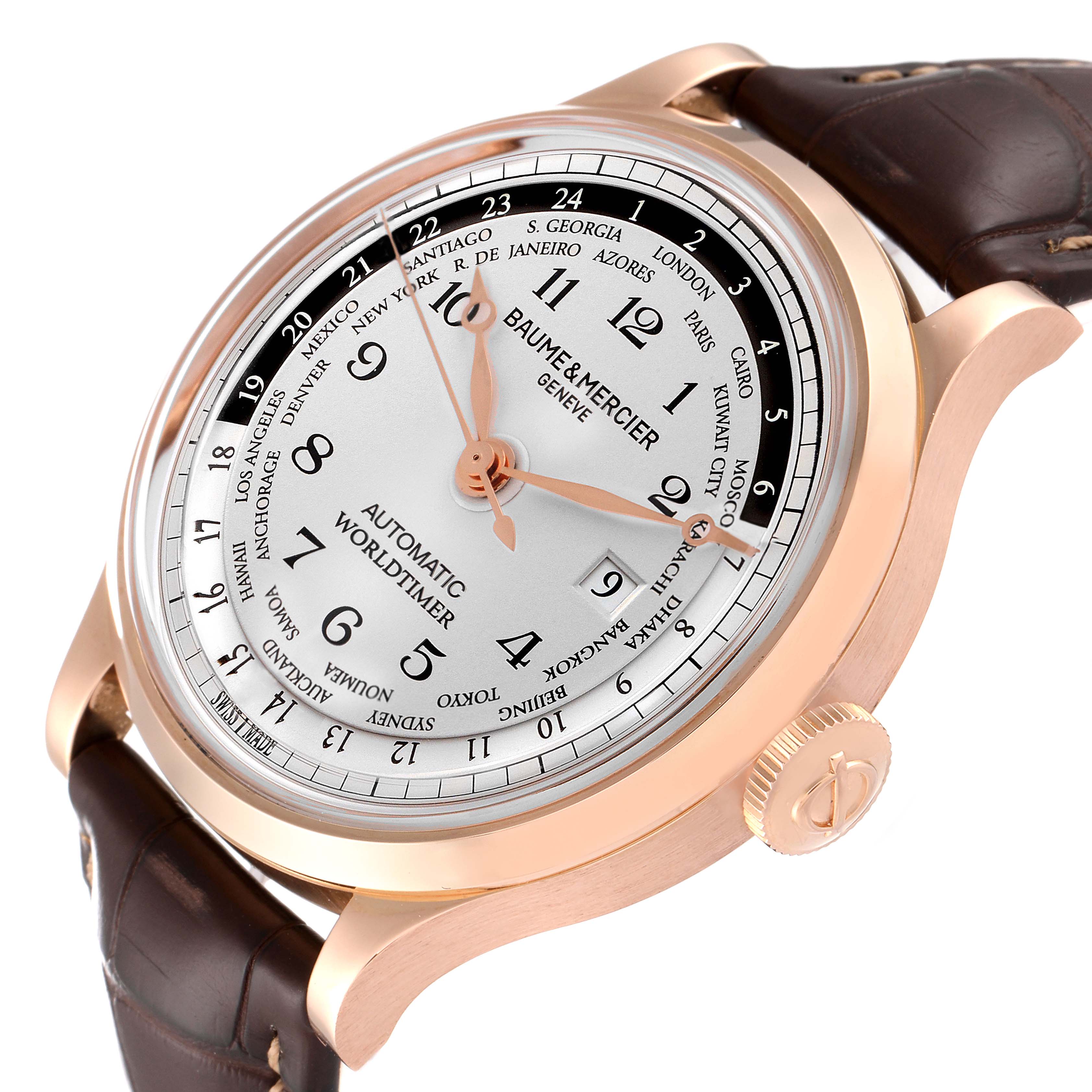 The image shows a Baume & Mercier Capeland M0A10107 Men's Rose Gold Silver Dial M0A10107 Men's Rose Gold Silver Dial watch at a slight angle, displaying its face and brown leather strap.