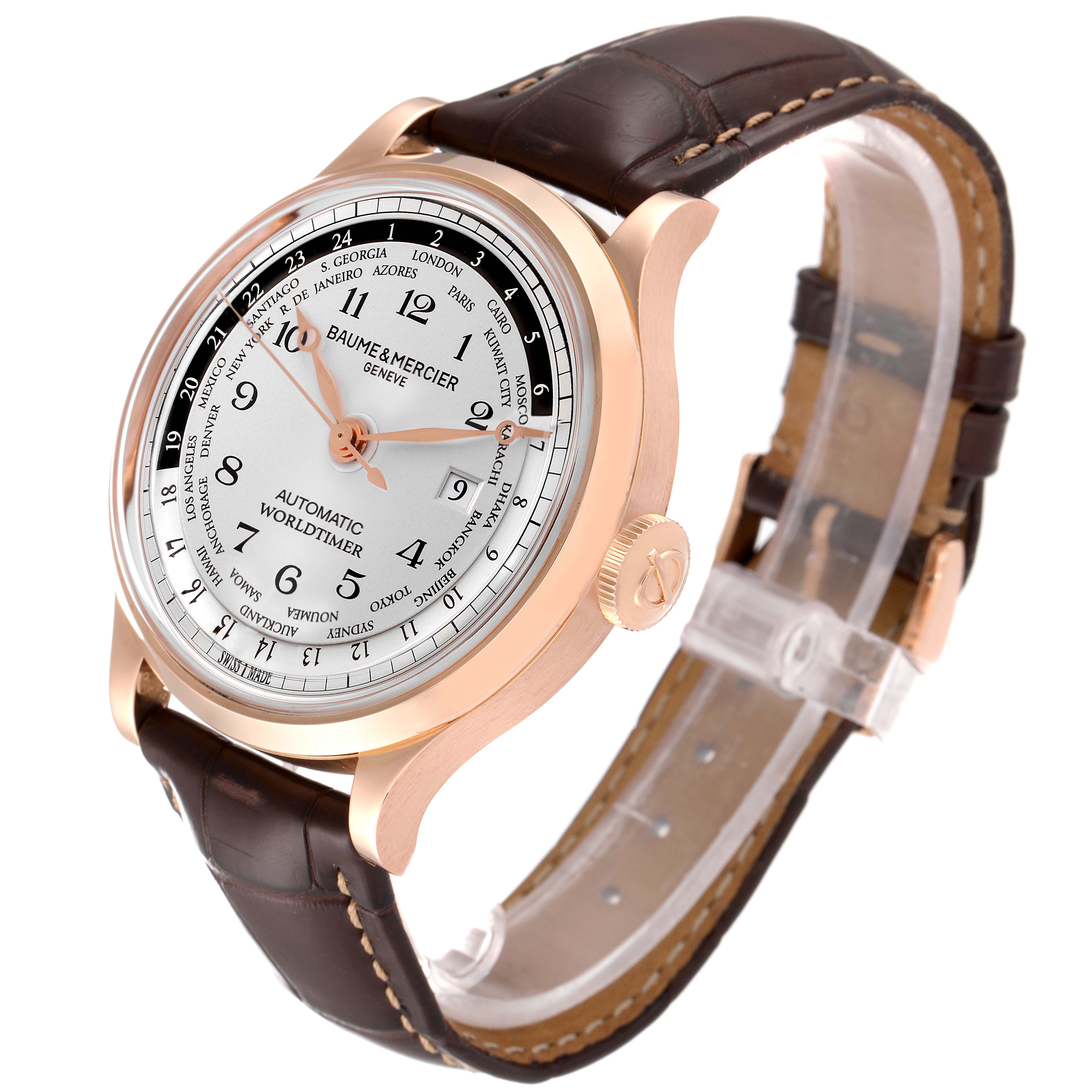 The Baume & Mercier Capeland M0A10107 Men's Rose Gold Silver Dial M0A10107 Men's Rose Gold Silver Dial watch is shown at a slight angle from the front-left, displaying the watch face, crown, and leather strap.