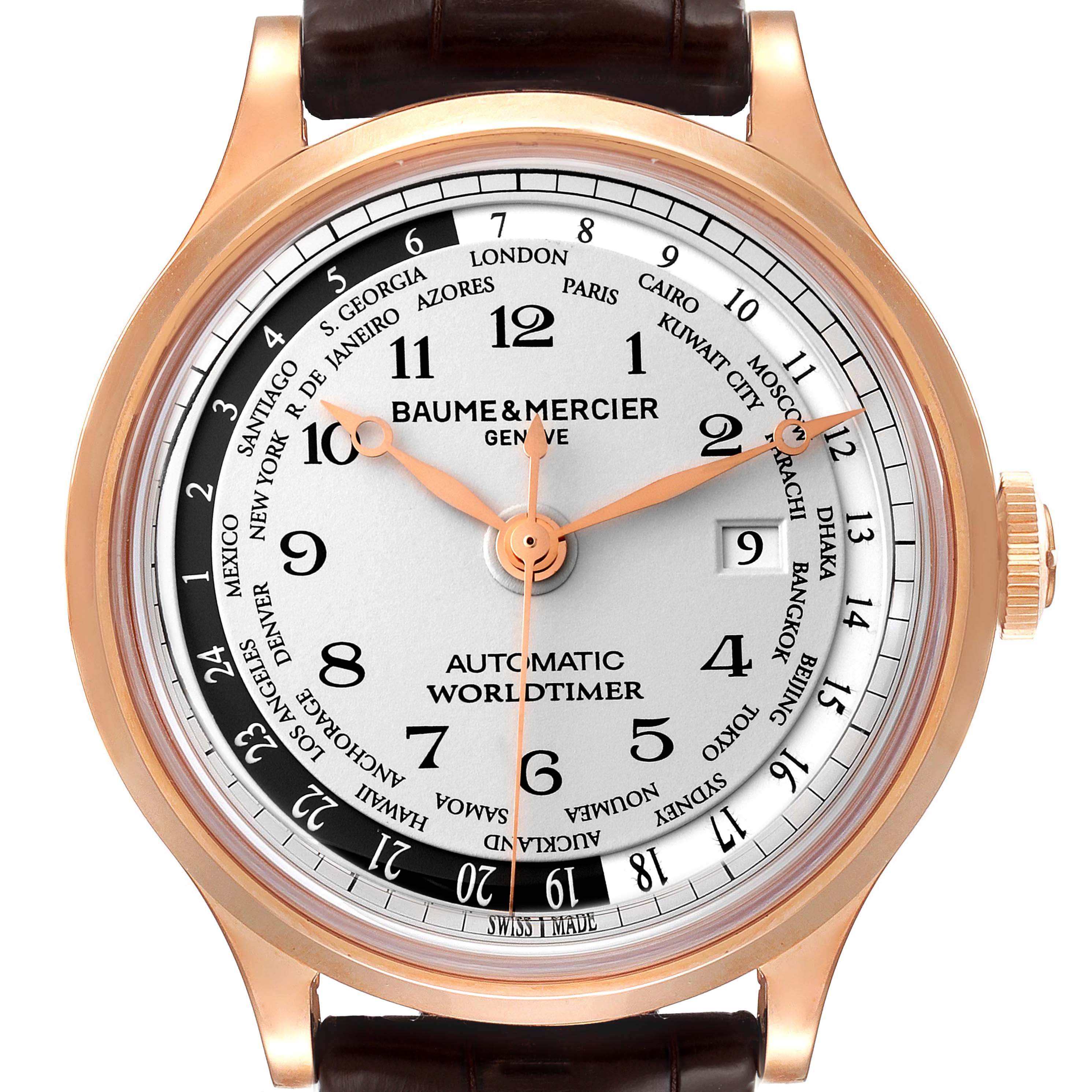 The image shows a front angle of the Baume & Mercier Capeland M0A10107 Men's Rose Gold Silver Dial M0A10107 Men's Rose Gold Silver Dial model, highlighting its dial, hands, and bezel.