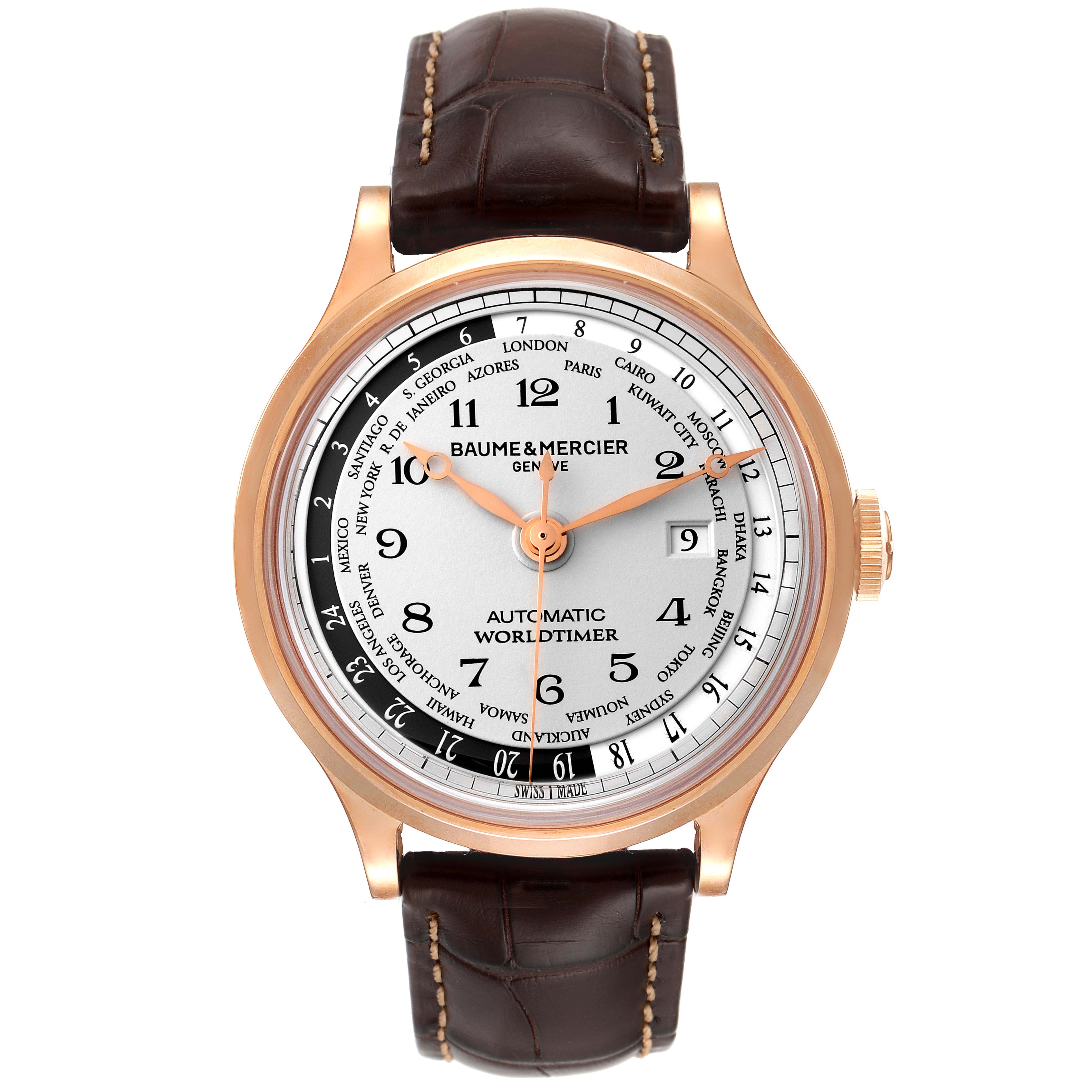 The Baume & Mercier Capeland M0A10107 Men's Rose Gold Silver Dial M0A10107 Men's Rose Gold Silver Dial watch is shown from a front angle, displaying the dial, hands, and strap.